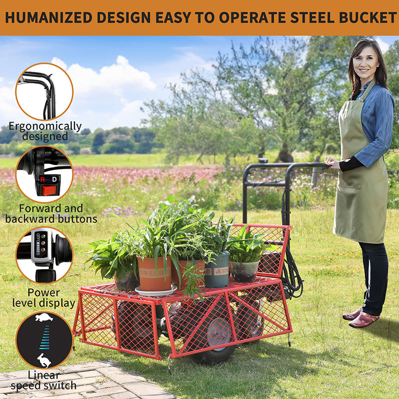 Wheelbarrow Utility Cart Electric Powered Cart 48V28Ah 500W Capacity 500lbs Material Hauler 1000lbs Towing