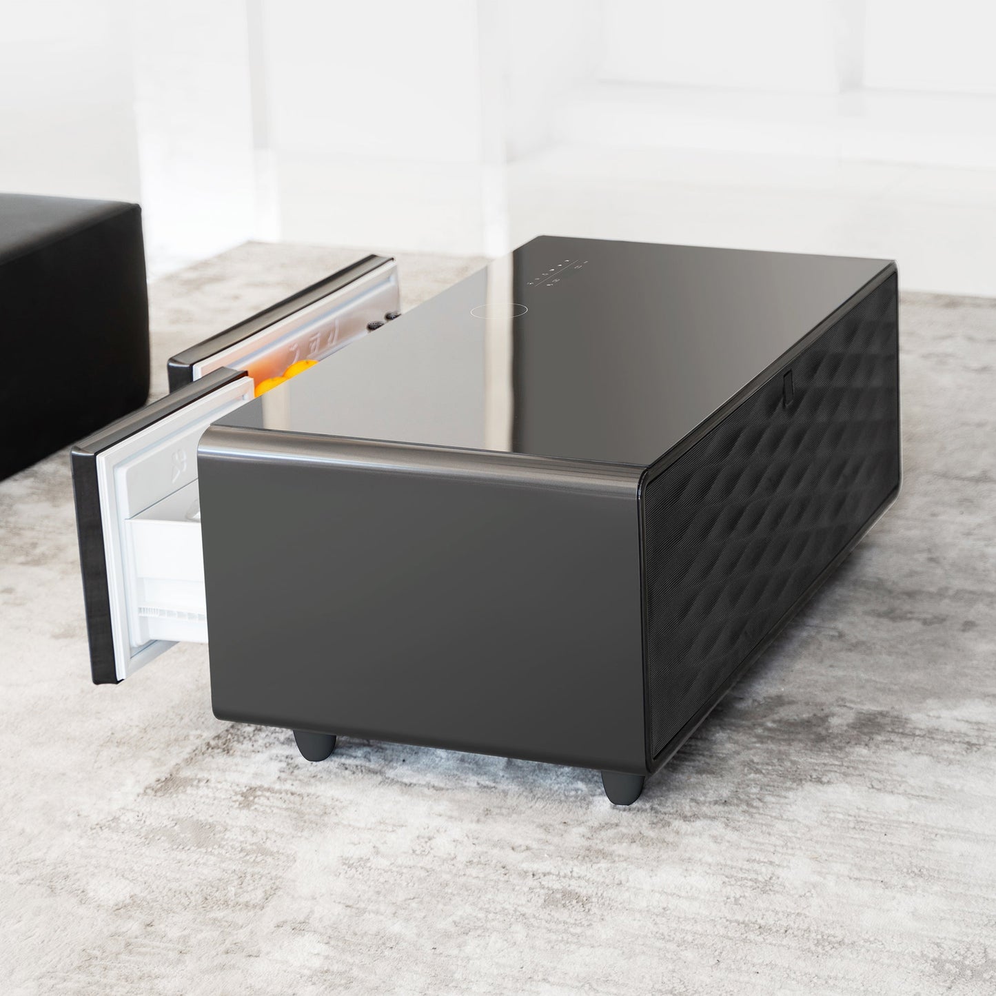Modern Smart Coffee Table with Built-in Fridge, Bluetooth Speaker, Wireless Charging, Touch Control Panel, USB Interface, Outlet Protection, Atmosphere light, Black