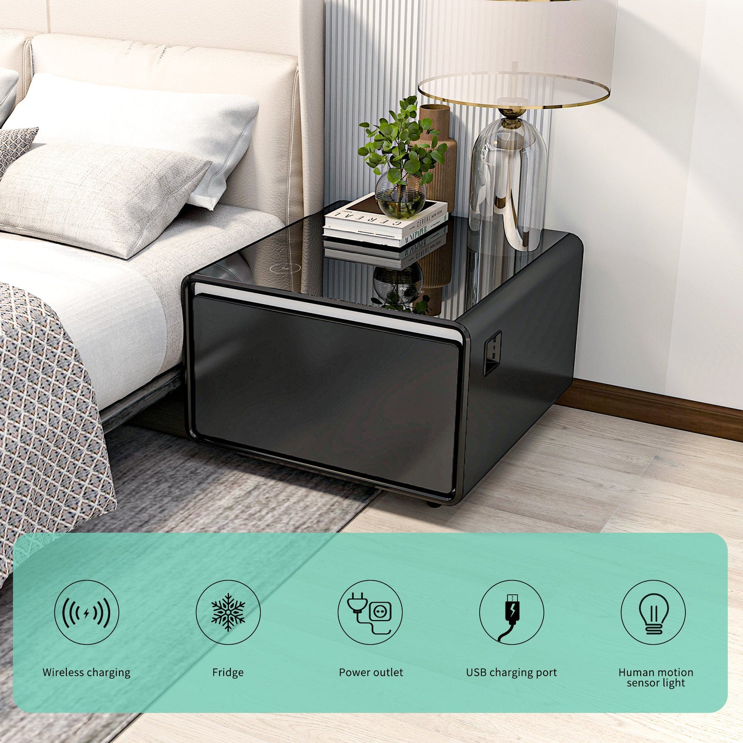 Modern Smart Side Table with Built-in Fridge, Wireless Charging, Temperature Control, Power Socket, USB Ports, Outlet Protection, Induction Light, Black