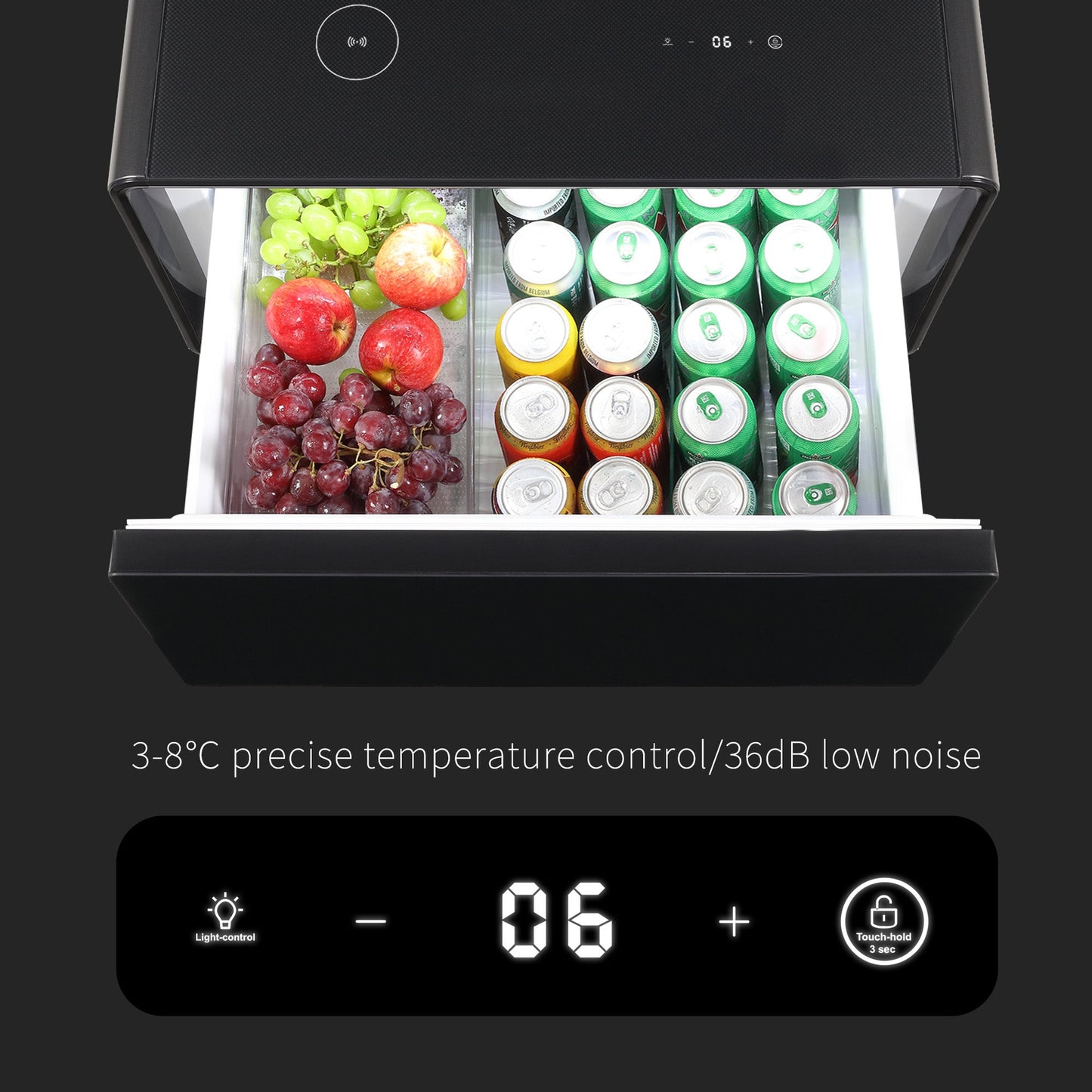 Modern Smart Side Table with Built-in Fridge, Wireless Charging, Temperature Control, Power Socket, USB Ports, Outlet Protection, Induction Light, Black