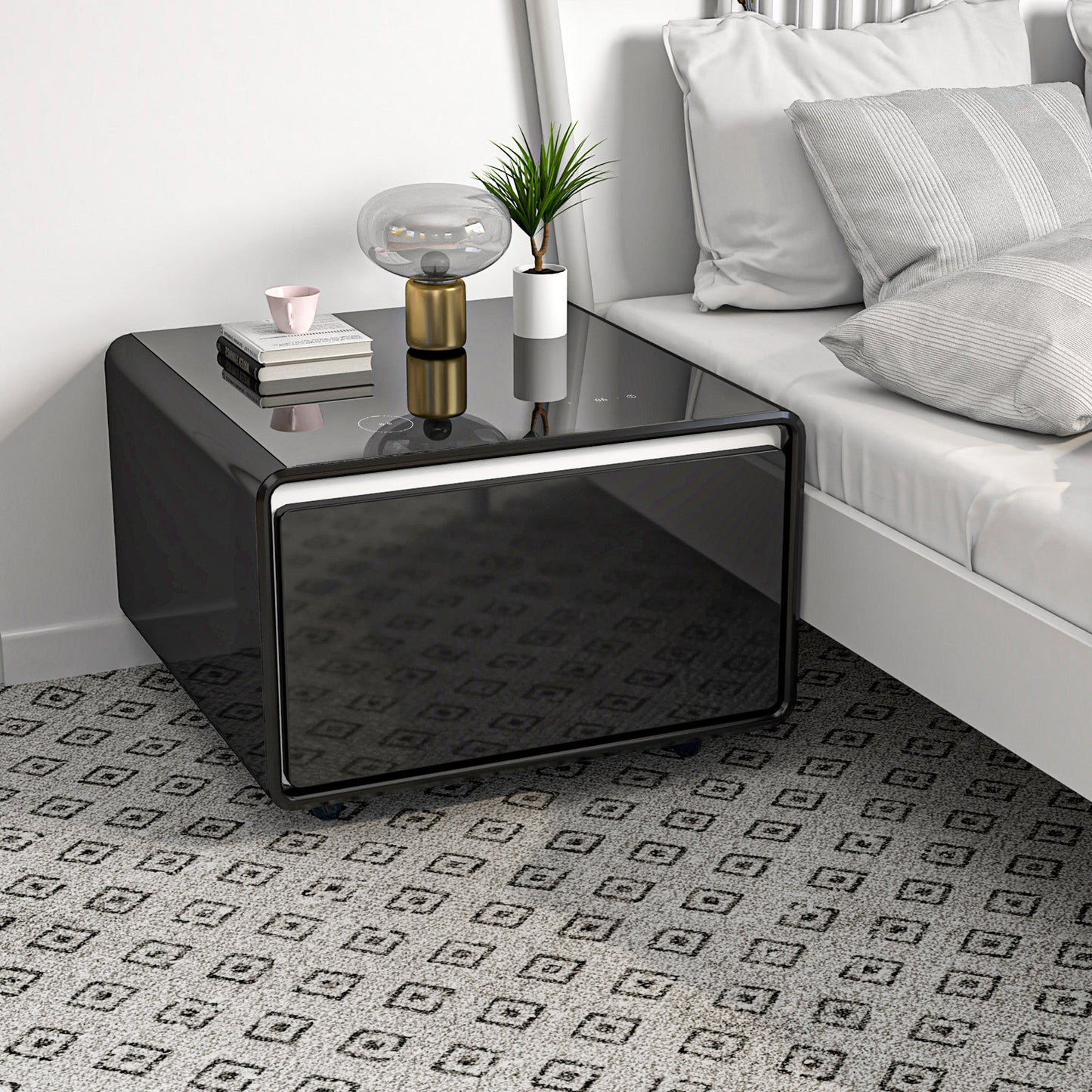 Modern Smart Side Table with Built-in Fridge, Wireless Charging, Temperature Control, Power Socket, USB Ports, Outlet Protection, Induction Light, Black
