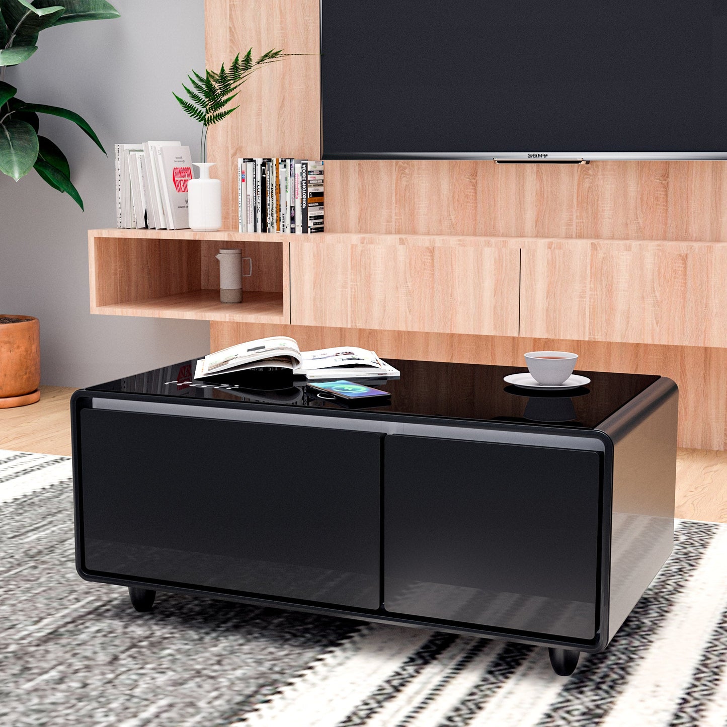 Modern Smart Coffee Table with Built-in Fridge, Bluetooth Speaker, Wireless Charging, Touch Control Panel, USB Interface, Outlet Protection, Atmosphere light, Black