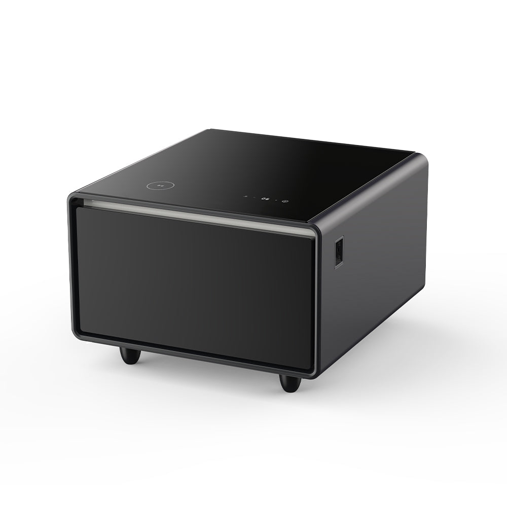 Modern Smart Side Table with Built-in Fridge, Wireless Charging, Temperature Control, Power Socket, USB Ports, Outlet Protection, Induction Light, Black