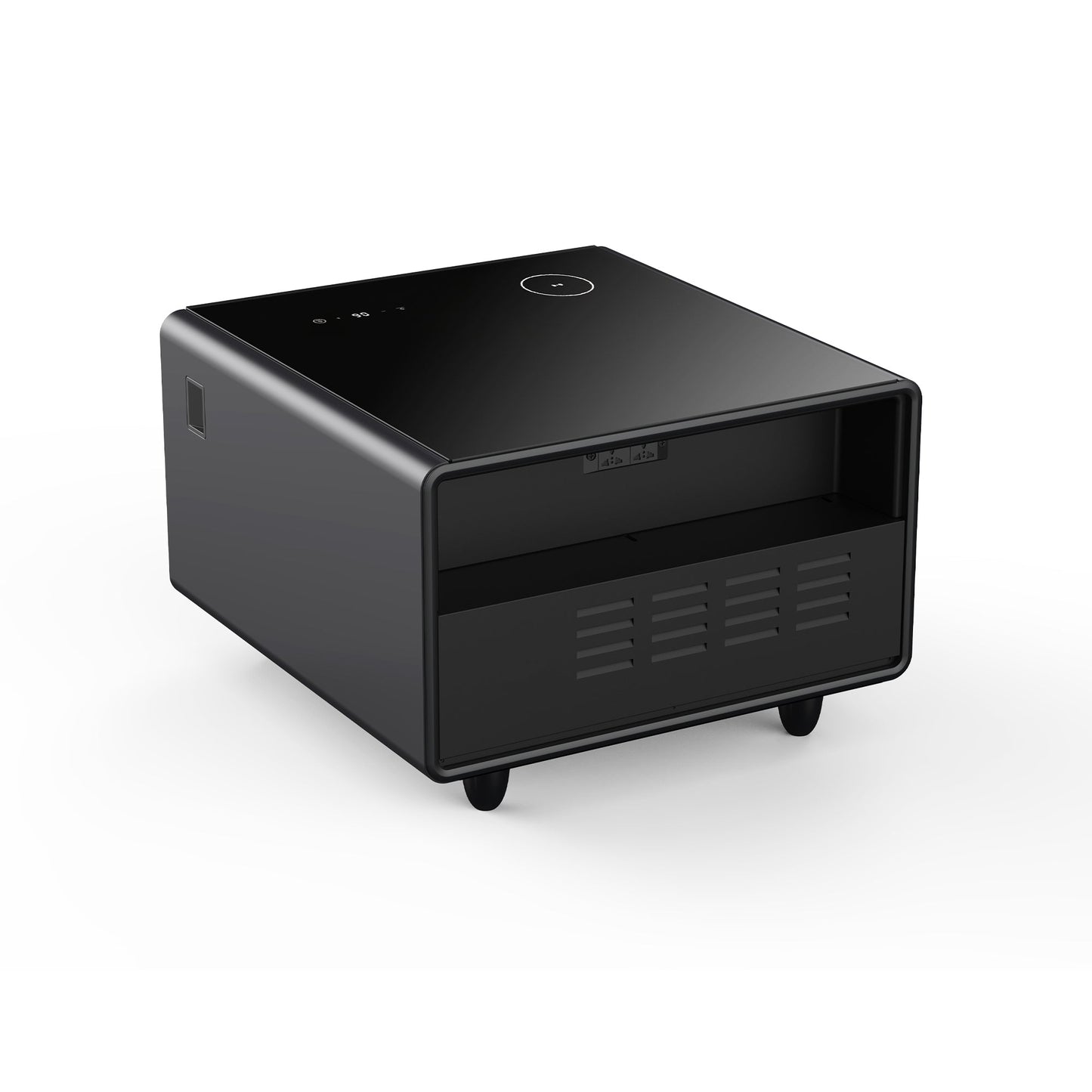 Modern Smart Side Table with Built-in Fridge, Wireless Charging, Temperature Control, Power Socket, USB Ports, Outlet Protection, Induction Light, Black