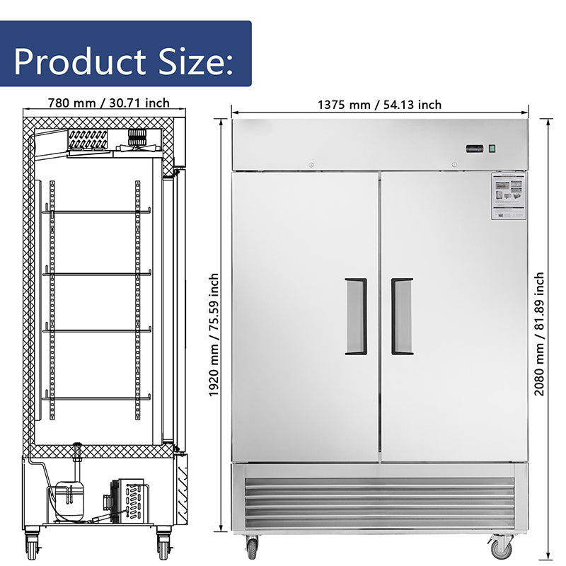 54"W Commercial Freezer 2 Section 2 Solid Door Stainless Steel Reach-in 42.2 Cu.ft.