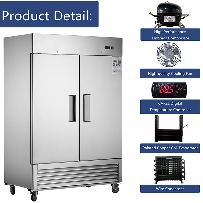 54"W Commercial Freezer 2 Section 2 Solid Door Stainless Steel Reach-in 42.2 Cu.ft.