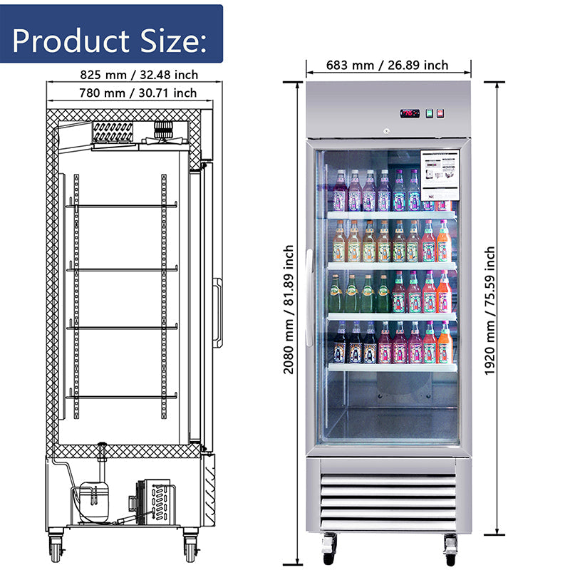 Commercial Refrigerator Single Glass Door Stainless Steel 27"W 18.68 Cu.ft. Reach-in Merchandising Refrigerator