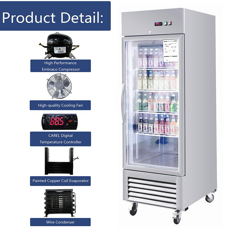 Commercial Refrigerator Single Glass Door Stainless Steel 27"W 18.68 Cu.ft. Reach-in Merchandising Refrigerator