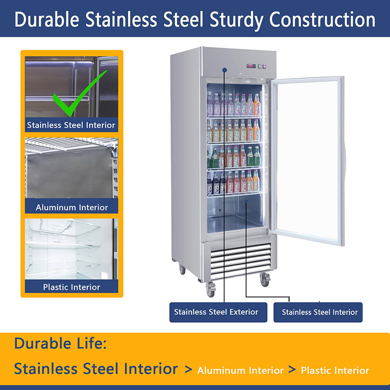 Commercial Refrigerator Single Glass Door Stainless Steel 27"W 18.68 Cu.ft. Reach-in Merchandising Refrigerator