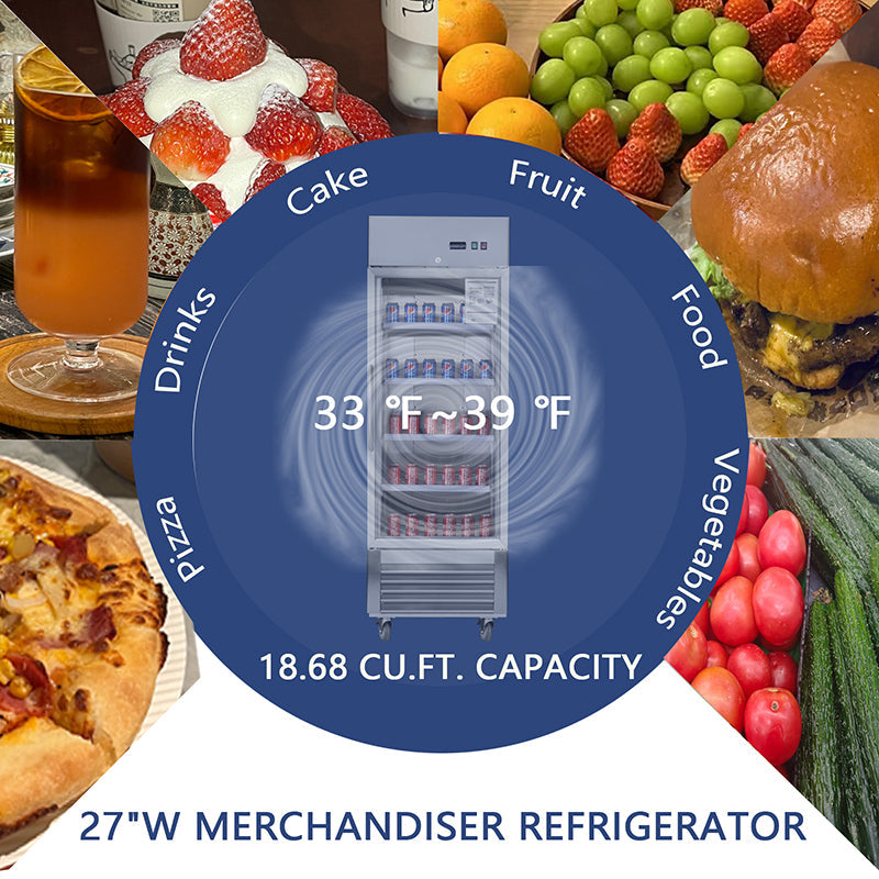 Commercial Refrigerator Single Glass Door Stainless Steel 27"W 18.68 Cu.ft. Reach-in Merchandising Refrigerator