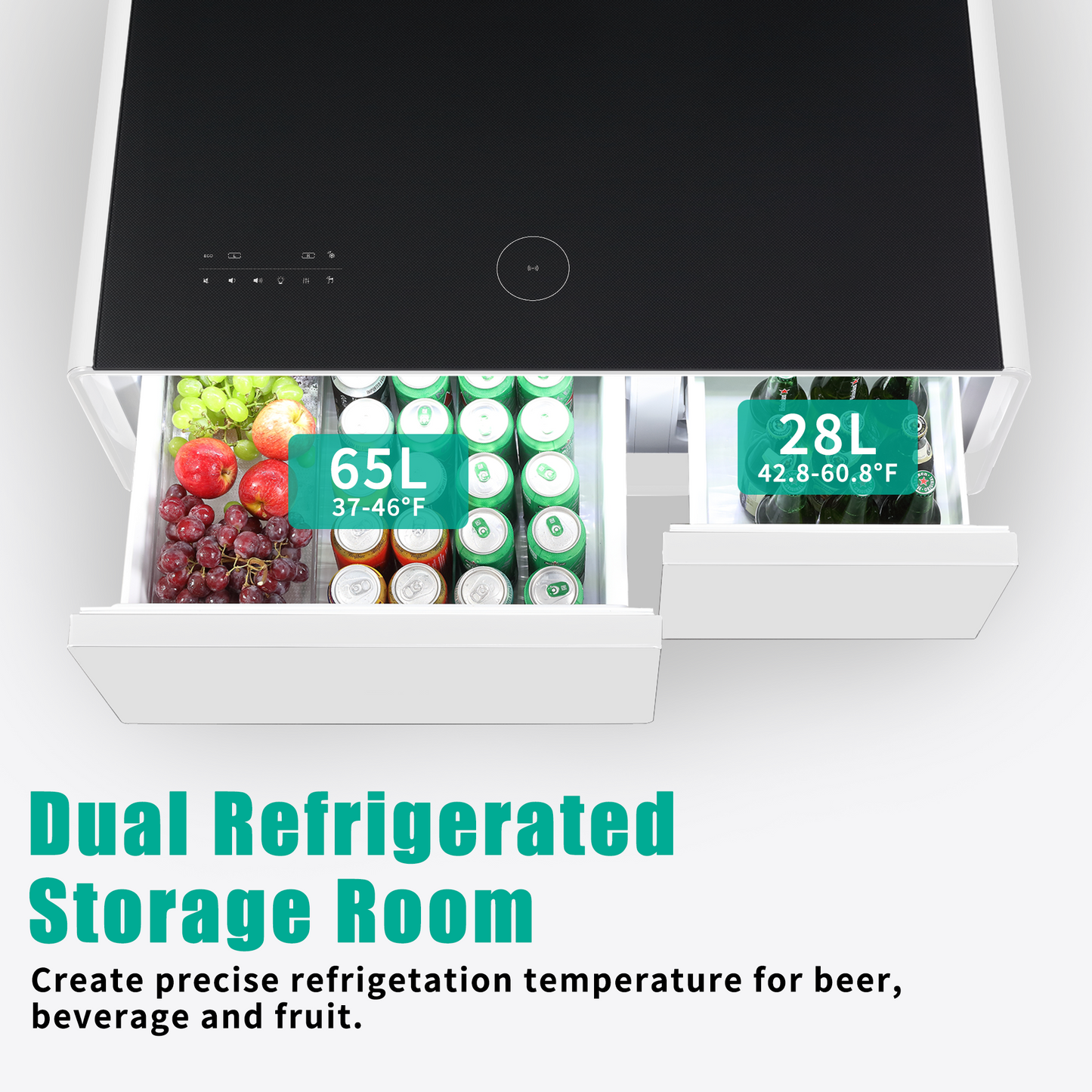 Modern Smart Coffee Table with Built-in Fridge, Bluetooth Speaker, Wireless Charging, Touch Control Panel, USB Ports, Outlet Protection, Atmosphere light, White