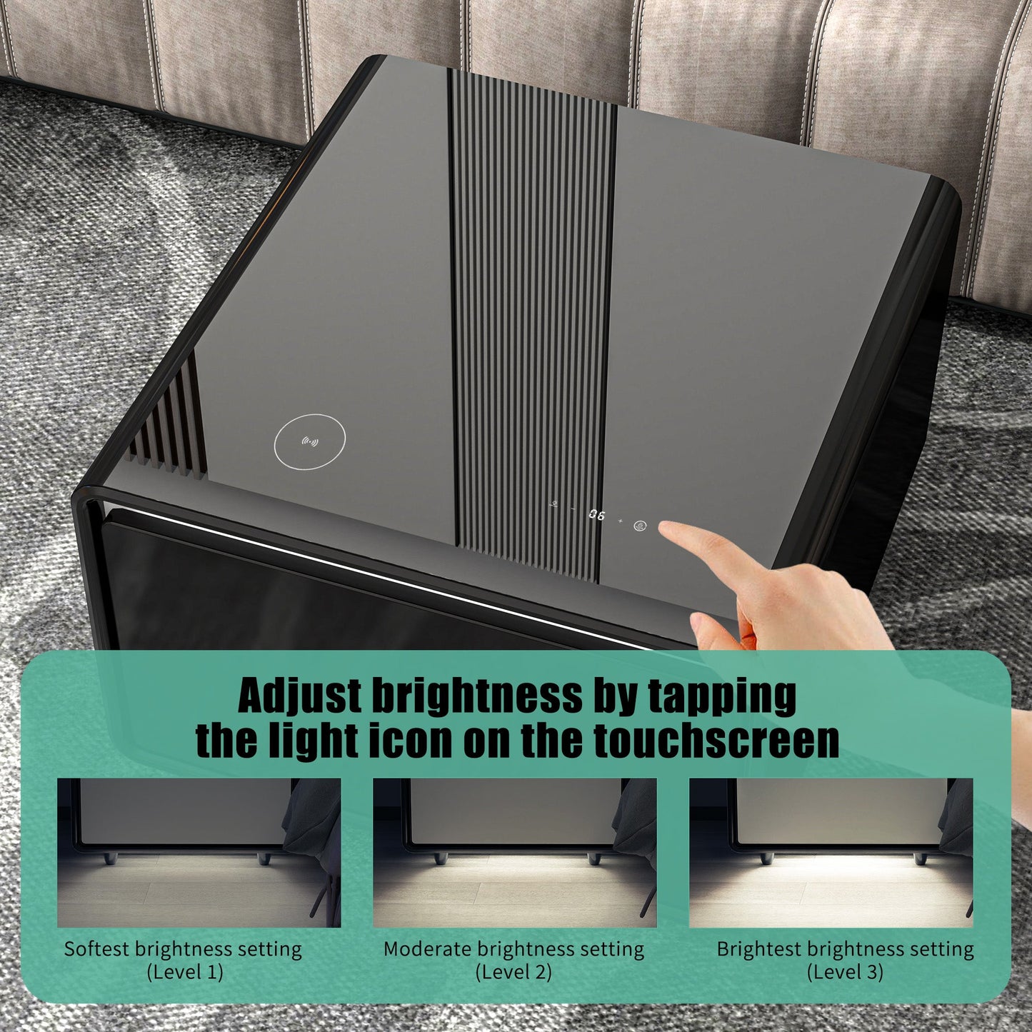 Modern Smart Side Table with Built-in Fridge, Wireless Charging, Temperature Control, Power Socket, USB Ports, Outlet Protection, Induction Light, Black