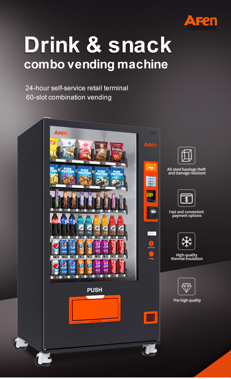 Snack & Drink Combo Vending Machine Refrigerated Large 60 Slots Commercial Vending Machine Beverage Vending Machine for Business, Caster Design, Bill and Coin Acceptor and Card Reader