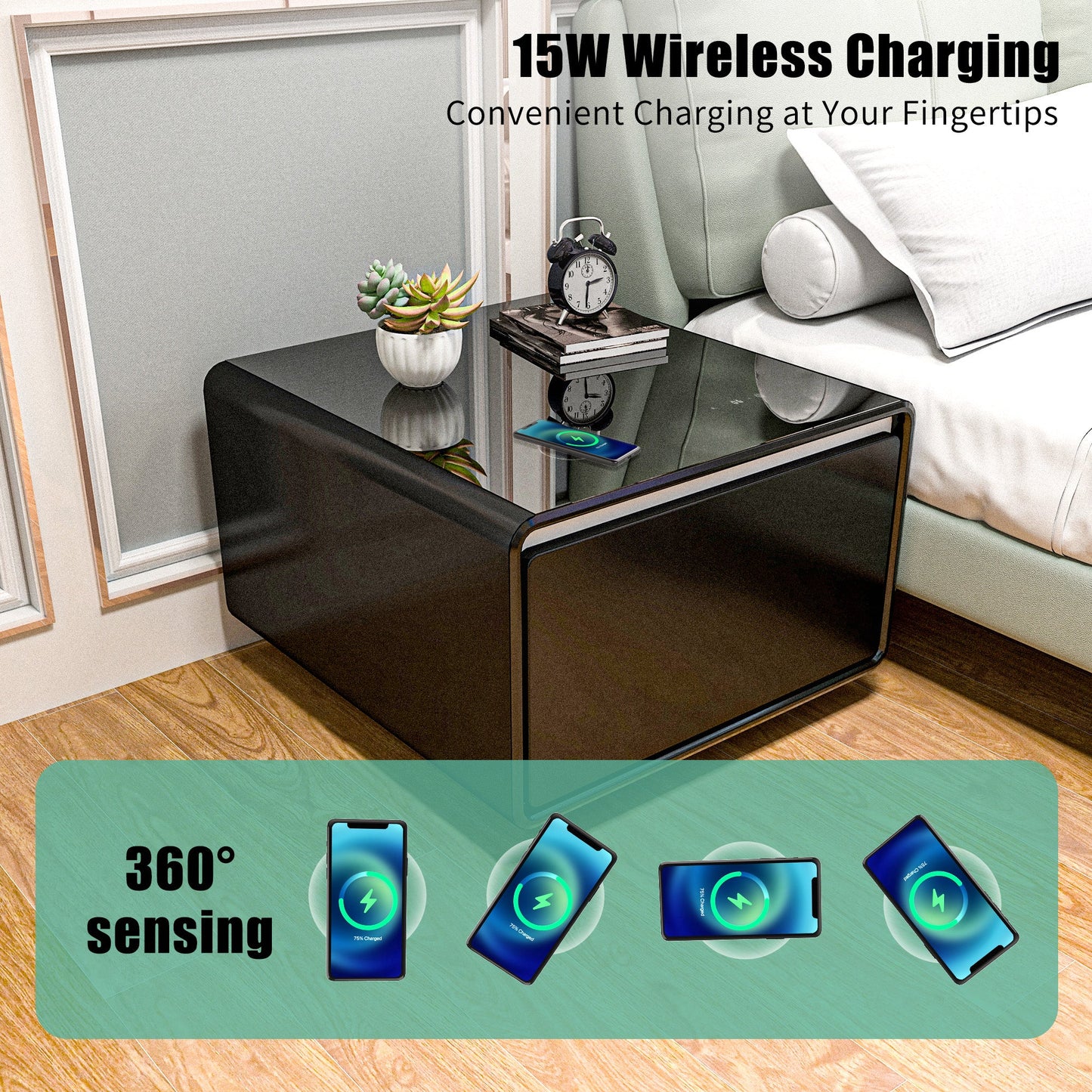 Modern Smart Side Table with Built-in Fridge, Wireless Charging, Temperature Control, Power Socket, USB Ports, Outlet Protection, Induction Light, Black
