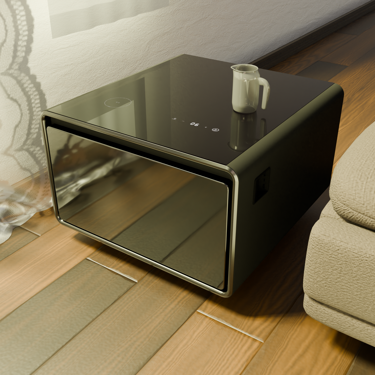 Modern Smart Side Table with Built-in Fridge, Wireless Charging, Temperature Control, Power Socket, USB Ports, Outlet Protection, Induction Light, Black