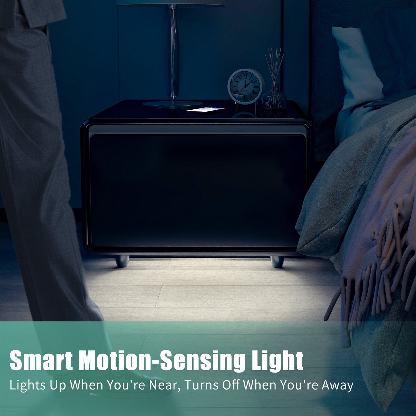Modern Smart Side Table with Built-in Fridge, Wireless Charging, Temperature Control, Power Socket, USB Ports, Outlet Protection, Induction Light, Black