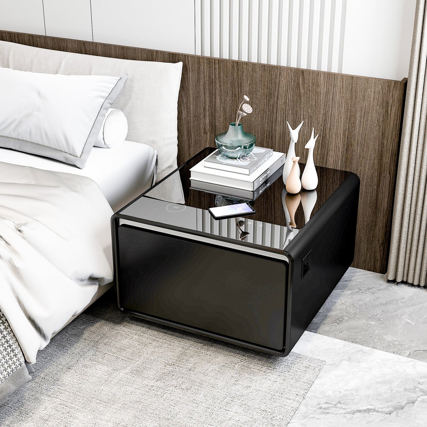 Modern Smart Side Table with Built-in Fridge, Wireless Charging, Temperature Control, Power Socket, USB Ports, Outlet Protection, Induction Light, Black