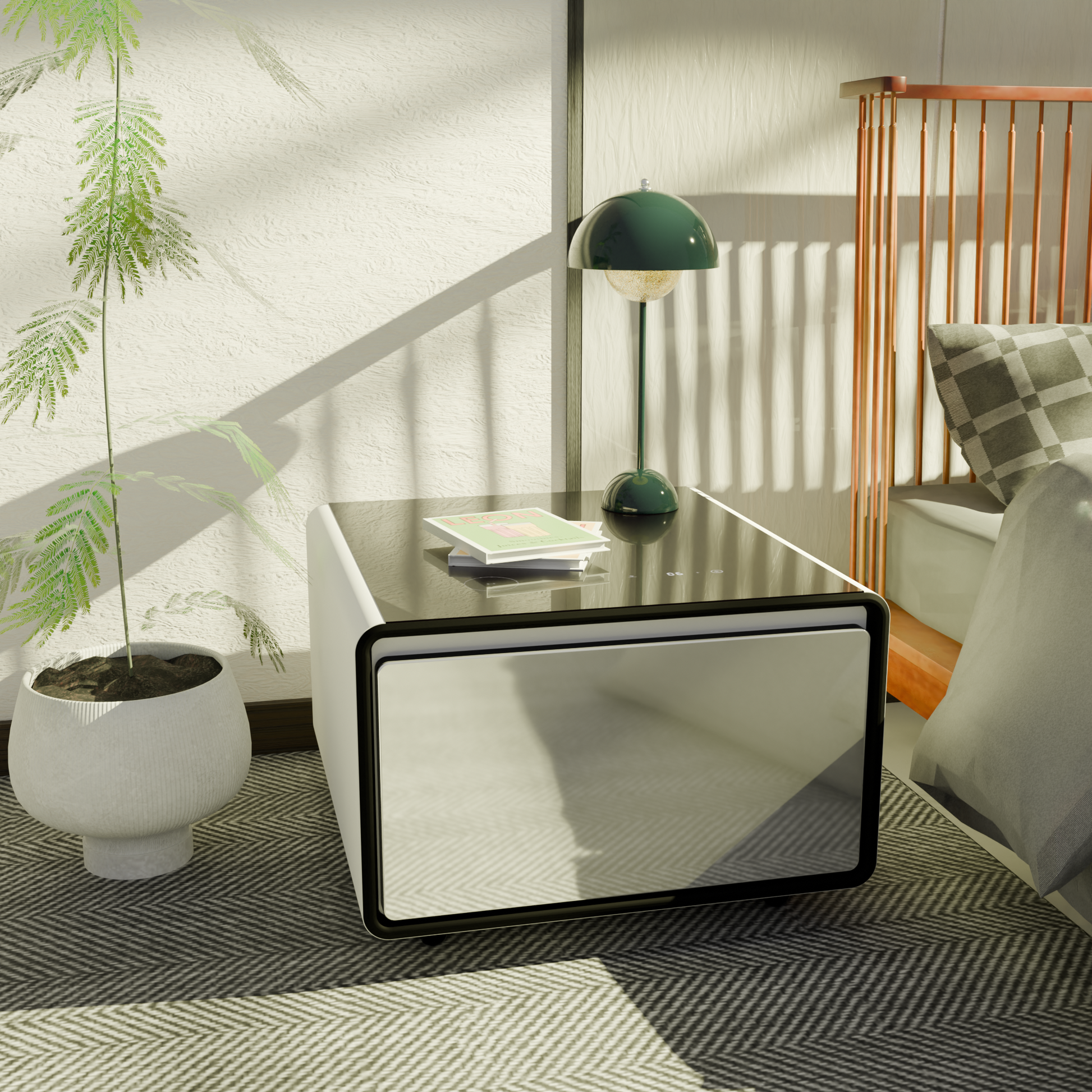 Modern Smart Side Table with Built-in Fridge, Wireless Charging, Temperature Control, Power Socket, USB Ports, Outlet Protection, Induction Light, White 