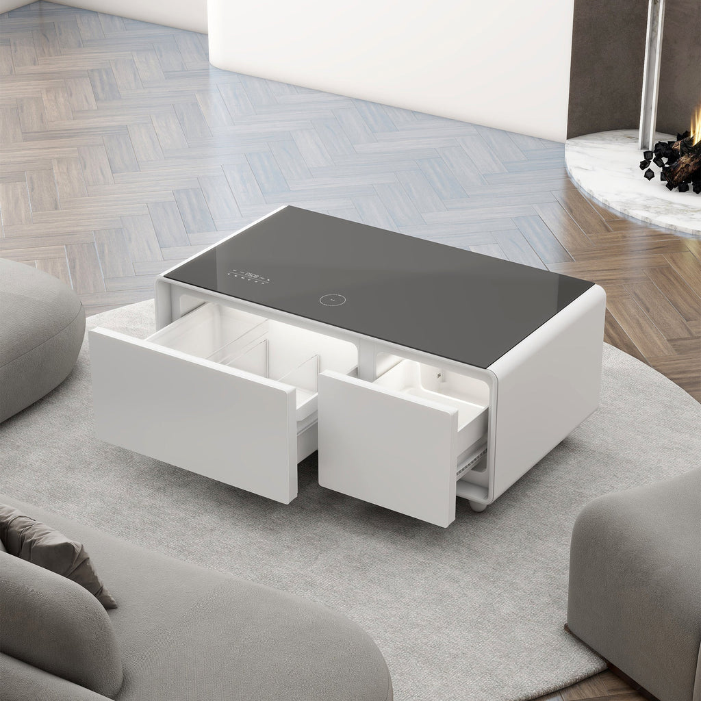 Modern Smart Coffee Table with Built-in Fridge, Bluetooth Speaker, Wireless Charging, Touch Control Panel, USB Ports, Outlet Protection, Atmosphere light, White 