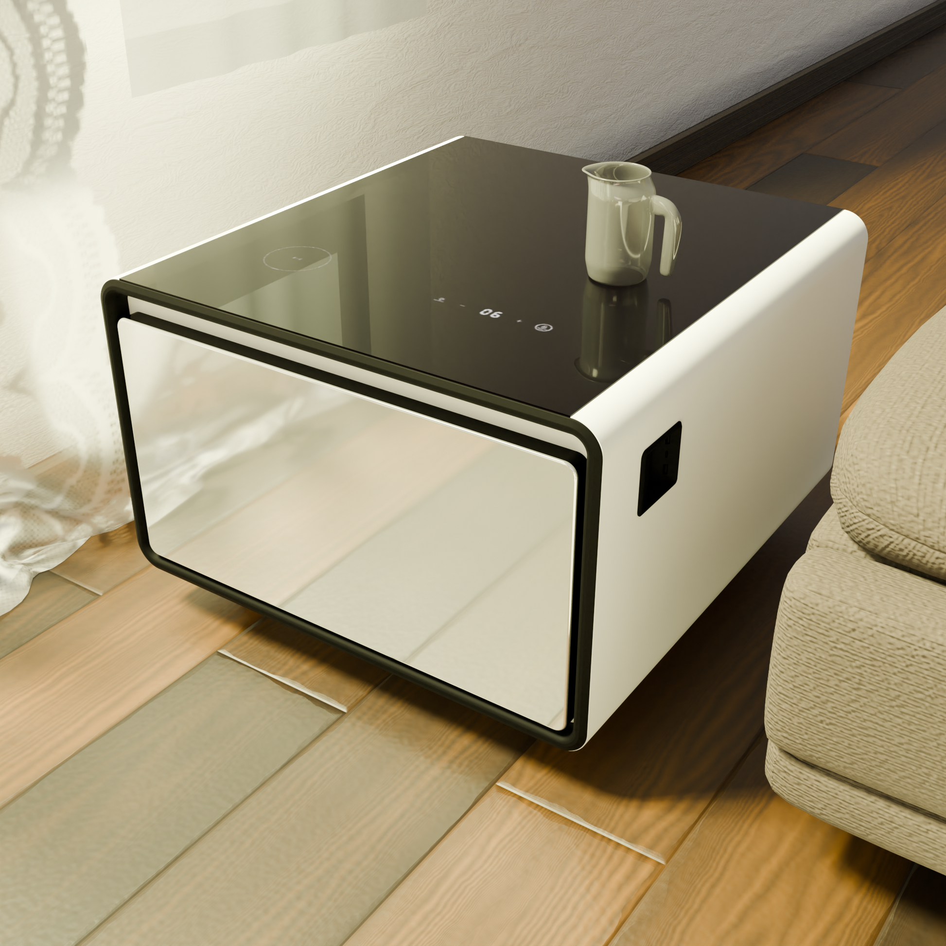 Modern Smart Side Table with Built-in Fridge, Wireless Charging, Temperature Control, Power Socket, USB Ports, Outlet Protection, Induction Light, White 