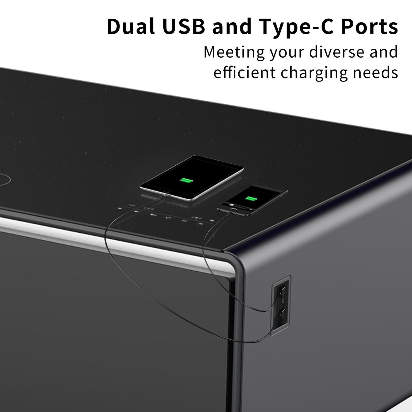 Modern Smart Coffee Table with Built-in Fridge, Bluetooth Speaker, Wireless Charging Module, Touch Control Panel, Power Socket, USB Interface, Outlet Protection, Atmosphere light, Black 
