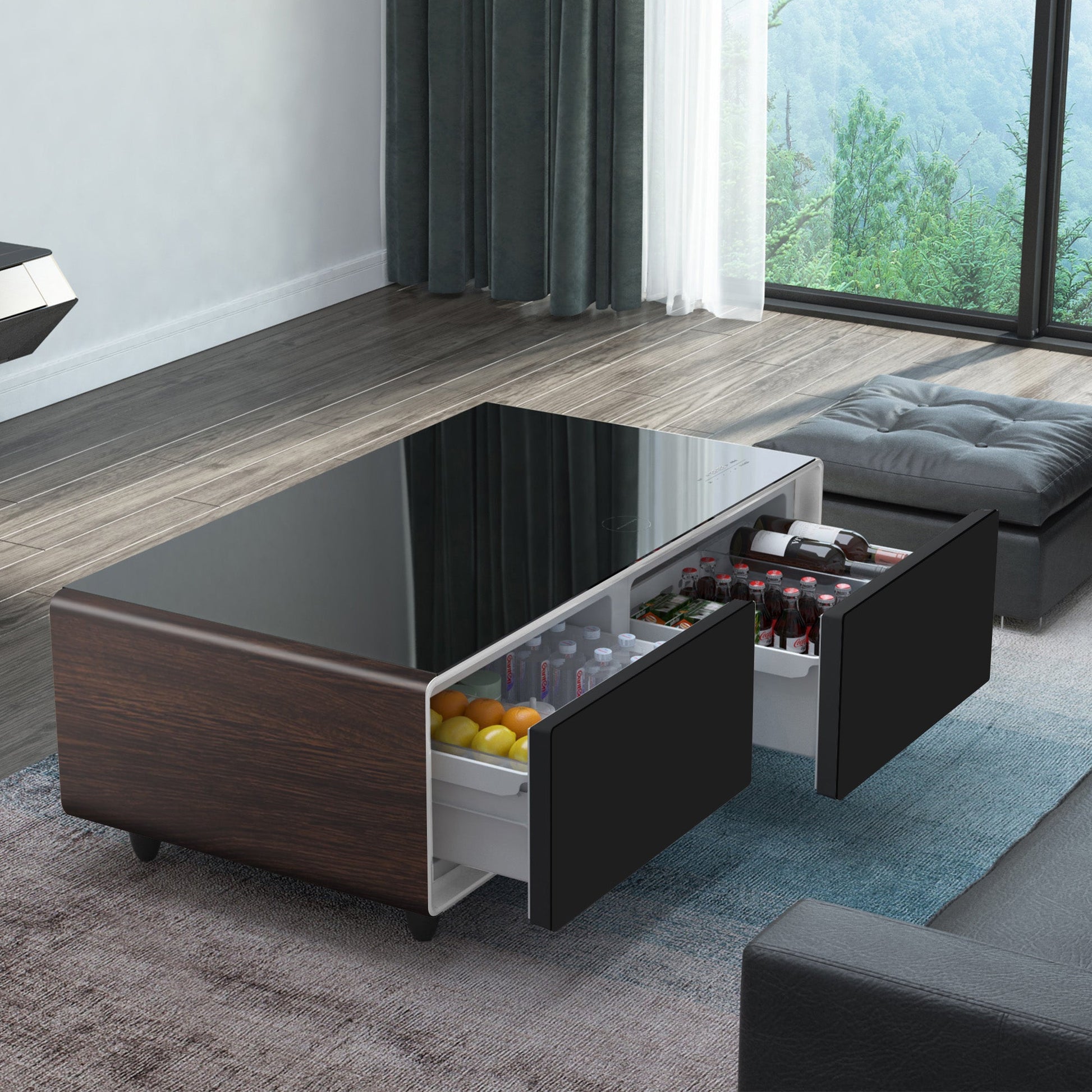 Modern Smart Coffee Table with Built-in Fridge, Bluetooth Speaker, Wireless Charging Module, Touch Control Panel, Power Socket, USB Interface, Outlet Protection, Atmosphere light, and More, Brown 