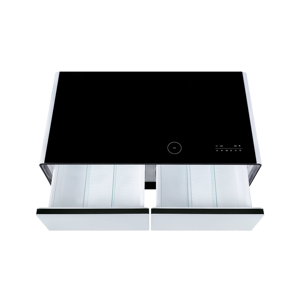 Modern Smart Coffee Table with Built-in Fridge, Bluetooth Speaker, Wireless Charging Module, Touch Control Panel, Power Socket, USB Interface, Outlet Protection, Atmosphere light, White 