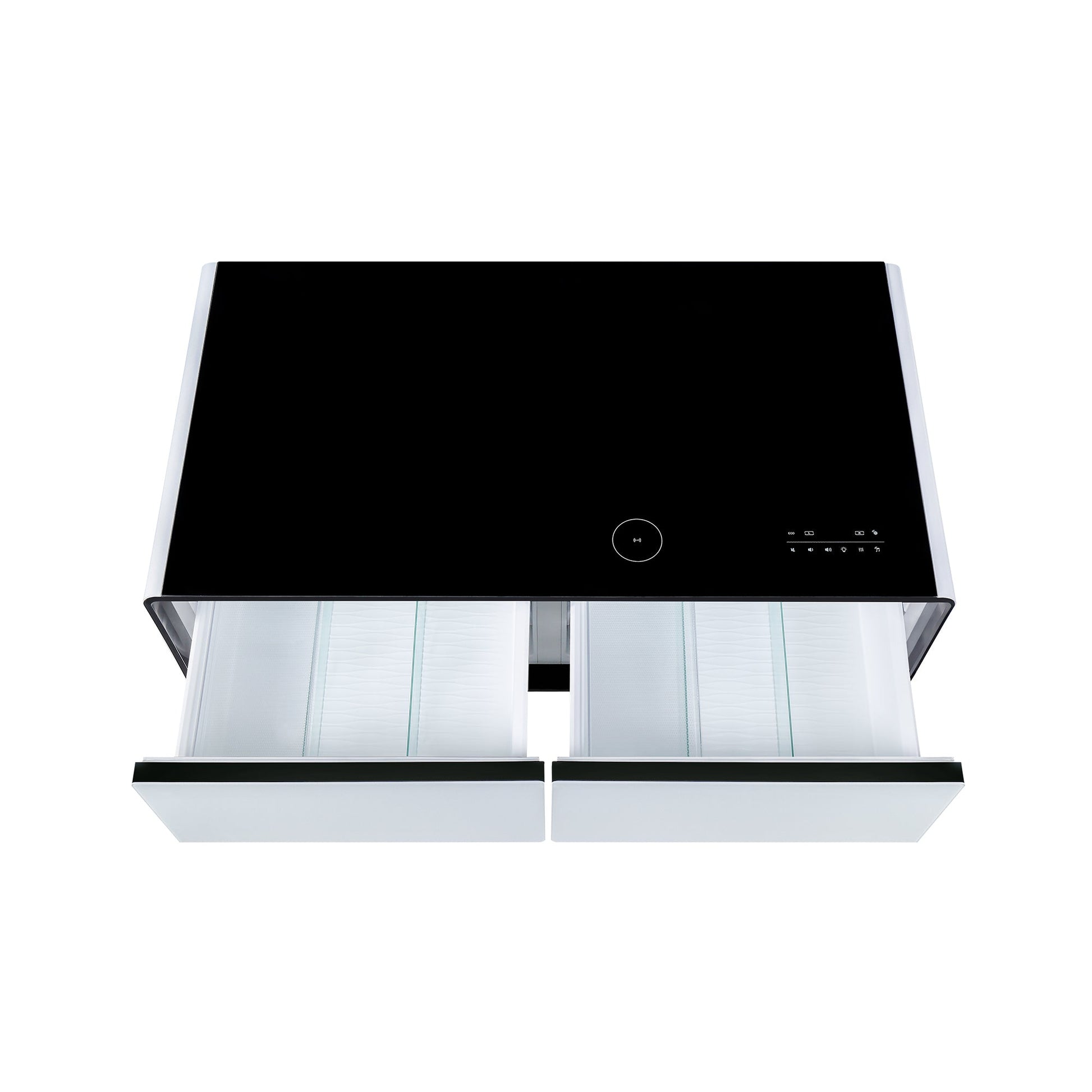 Modern Smart Coffee Table with Built-in Fridge, Bluetooth Speaker, Wireless Charging Module, Touch Control Panel, Power Socket, USB Interface, Outlet Protection, Atmosphere light, White 