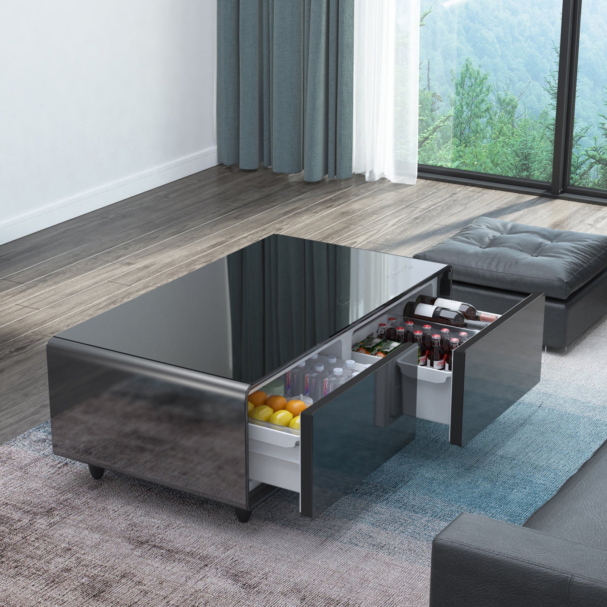 Modern Smart Coffee Table with Built-in Fridge, Bluetooth Speaker, Wireless Charging Module, Touch Control Panel, Power Socket, USB Interface, Outlet Protection, Atmosphere light, Black 