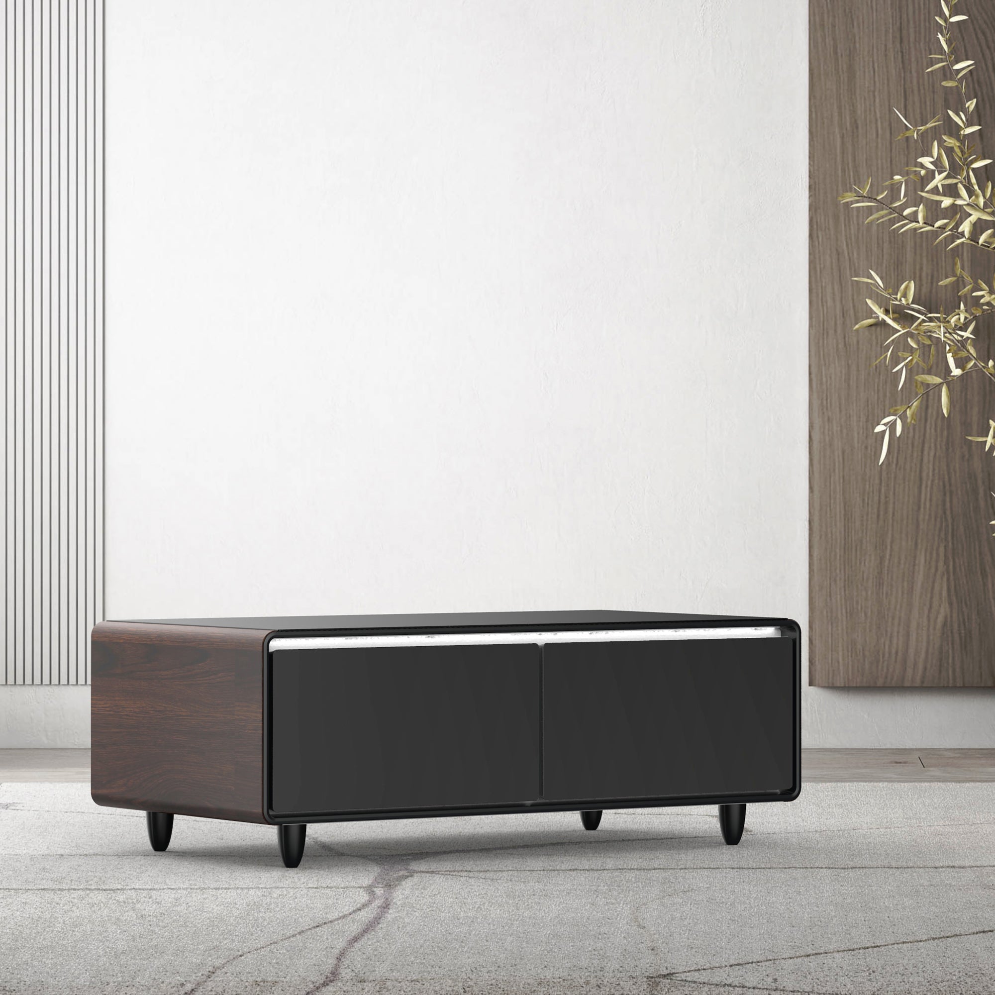 Modern Smart Coffee Table with Built-in Fridge, Bluetooth Speaker, Wireless Charging Module, Touch Control Panel, Power Socket, USB Interface, Outlet Protection, Atmosphere light, and More, Brown 