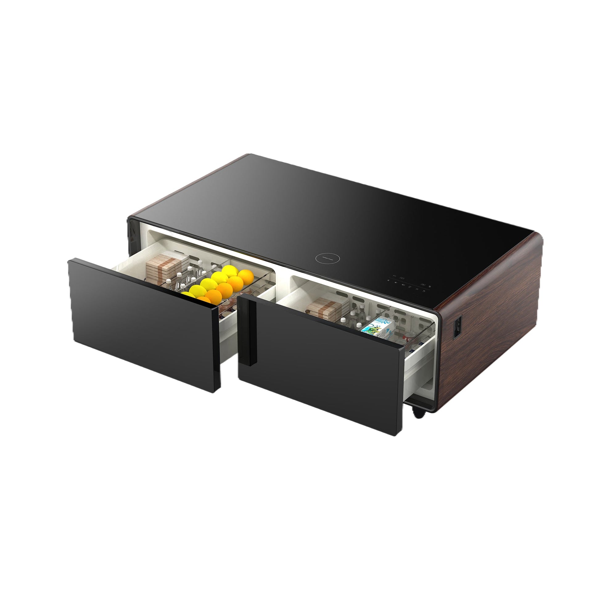 Modern Smart Coffee Table with Built-in Fridge, Bluetooth Speaker, Wireless Charging Module, Touch Control Panel, Power Socket, USB Interface, Outlet Protection, Atmosphere light, and More, Brown 