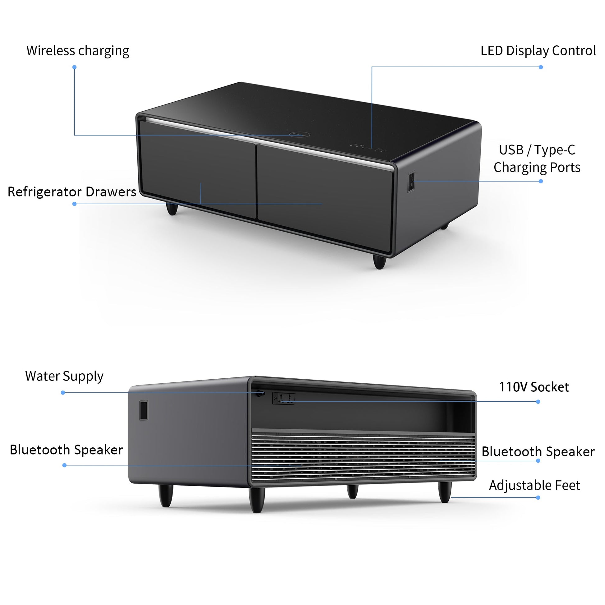 Modern Smart Coffee Table with Built-in Fridge, Bluetooth Speaker, Wireless Charging Module, Touch Control Panel, Power Socket, USB Interface, Outlet Protection, Atmosphere light, Black 