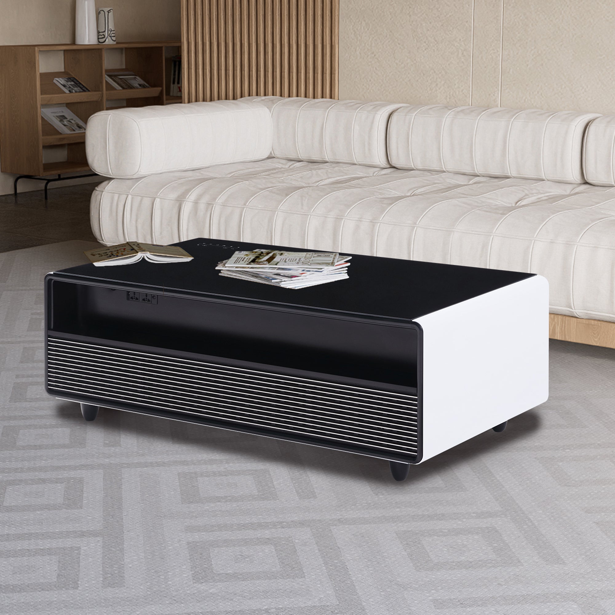 Modern Smart Coffee Table with Built-in Fridge, Bluetooth Speaker, Wireless Charging Module, Touch Control Panel, Power Socket, USB Interface, Outlet Protection, Atmosphere light, White 