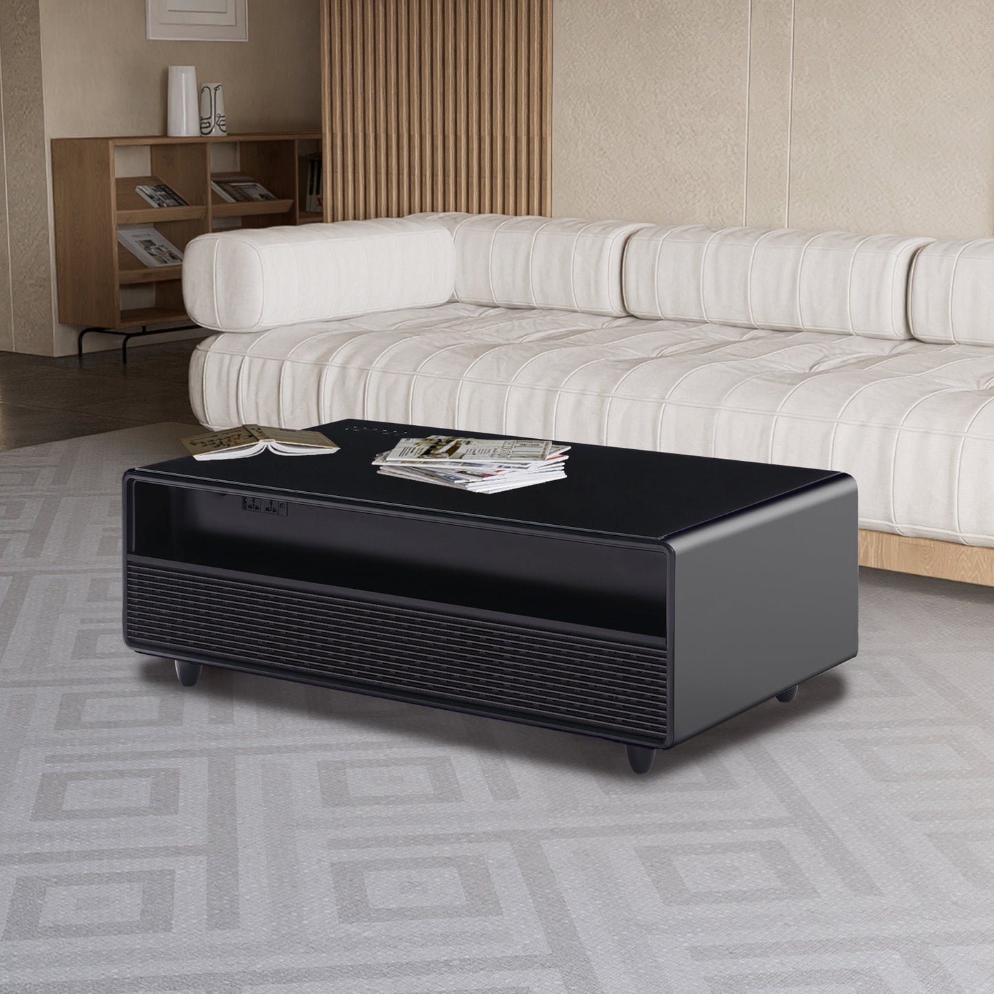 Modern Smart Coffee Table with Built-in Fridge, Bluetooth Speaker, Wireless Charging Module, Touch Control Panel, Power Socket, USB Interface, Outlet Protection, Atmosphere light, Black 