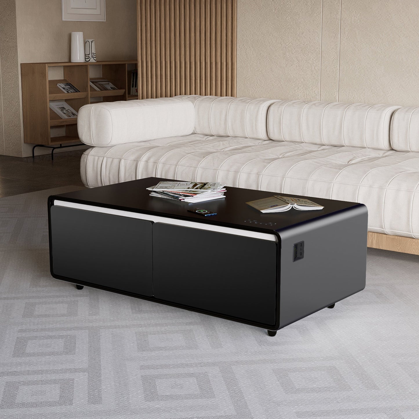 Modern Smart Coffee Table with Built-in Fridge, Bluetooth Speaker, Wireless Charging Module, Touch Control Panel, Power Socket, USB Interface, Outlet Protection, Atmosphere light, Black 