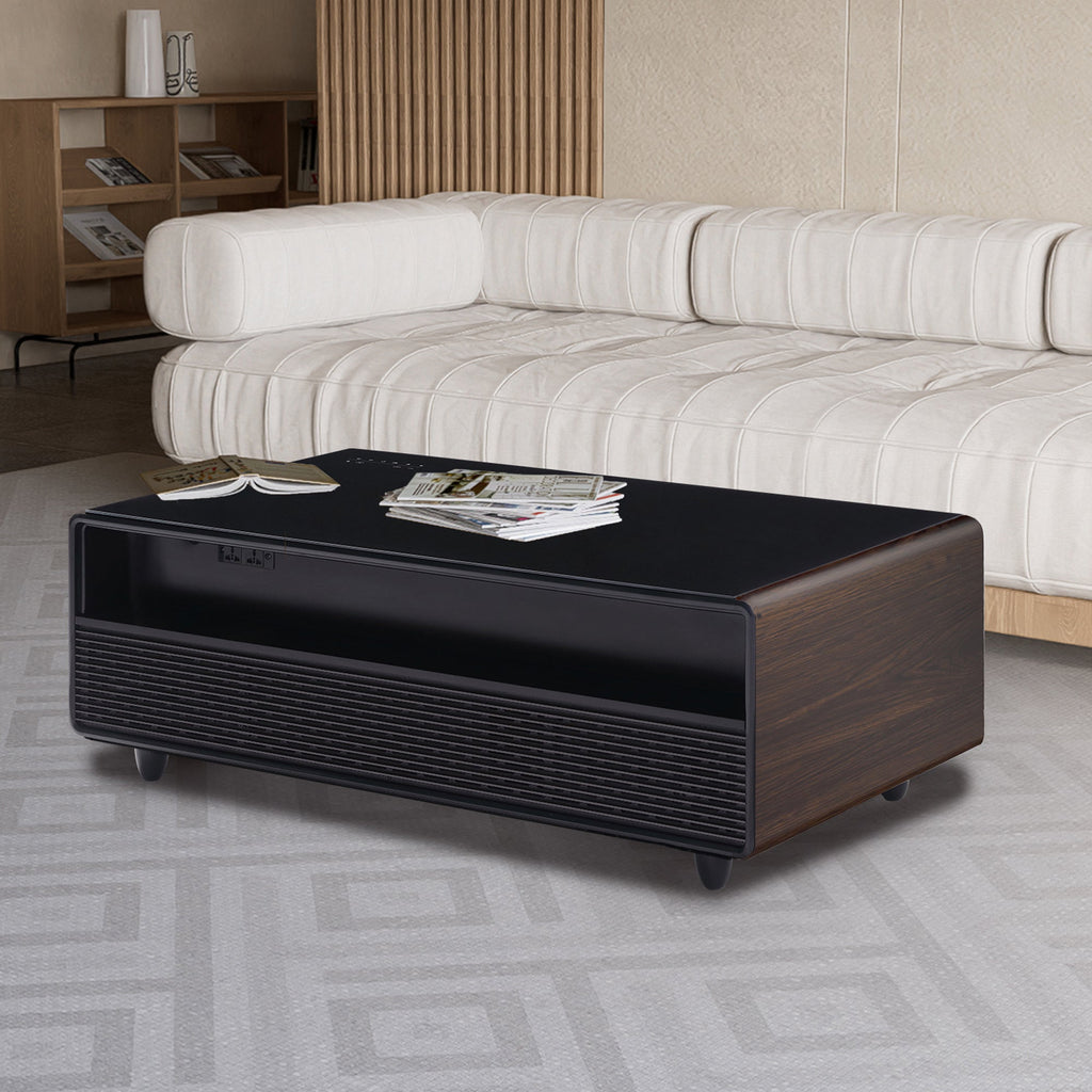 Modern Smart Coffee Table with Built-in Fridge, Bluetooth Speaker, Wireless Charging Module, Touch Control Panel, Power Socket, USB Interface, Outlet Protection, Atmosphere light, and More, Brown 