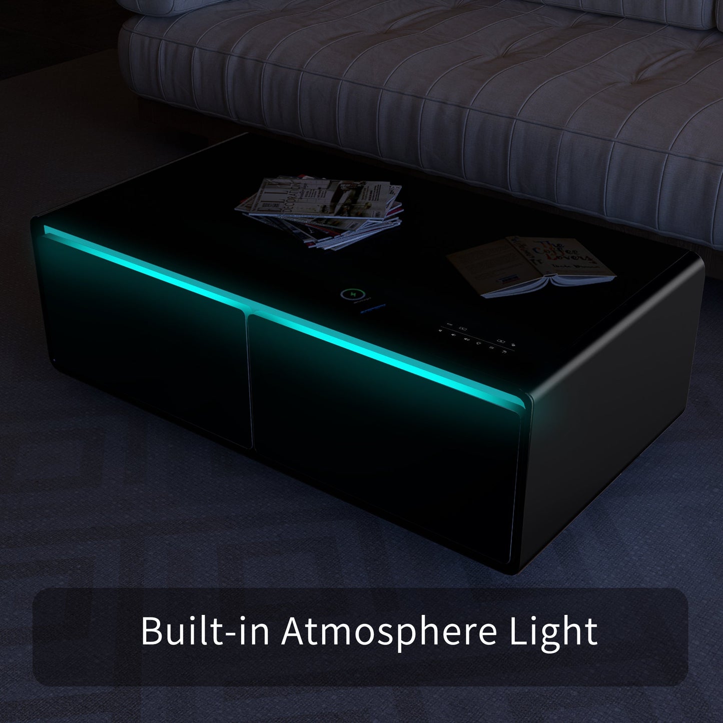Modern Smart Coffee Table with Built-in Fridge, Bluetooth Speaker, Wireless Charging Module, Touch Control Panel, Power Socket, USB Interface, Outlet Protection, Atmosphere light, Black 