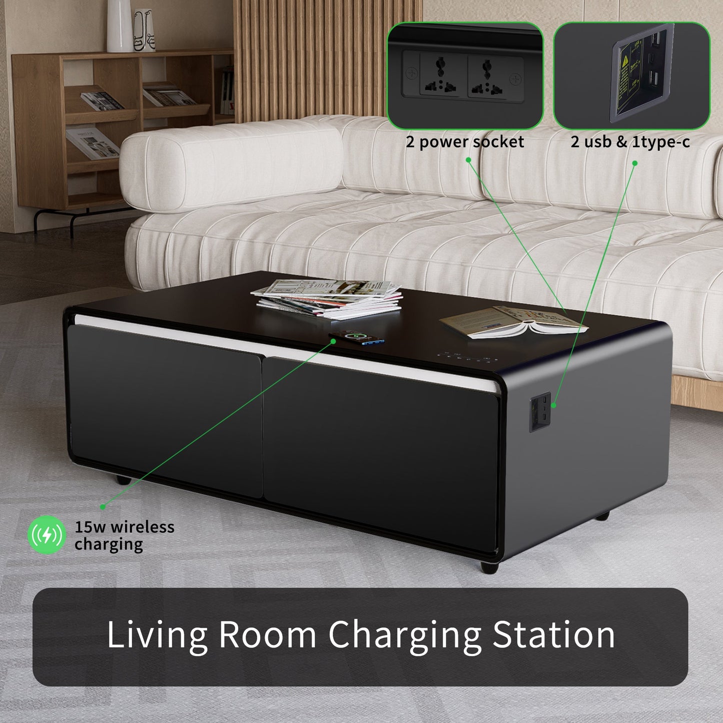 Modern Smart Coffee Table with Built-in Fridge, Bluetooth Speaker, Wireless Charging Module, Touch Control Panel, Power Socket, USB Interface, Outlet Protection, Atmosphere light, Black 