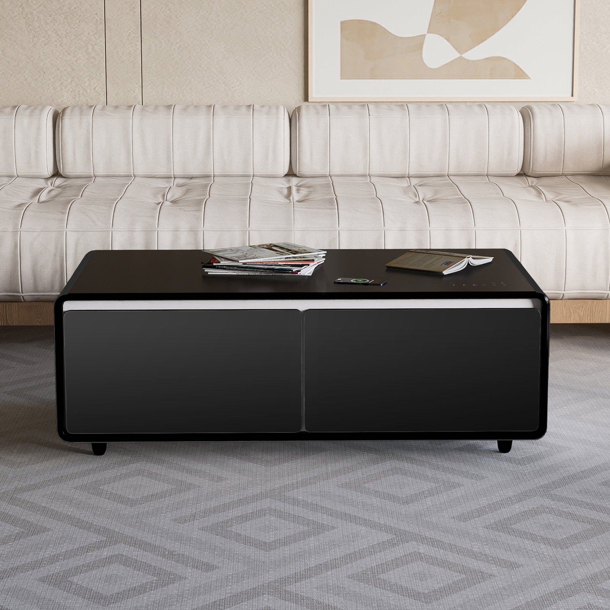 Modern Smart Coffee Table with Built-in Fridge, Bluetooth Speaker, Wireless Charging Module, Touch Control Panel, Power Socket, USB Interface, Outlet Protection, Atmosphere light, Black 