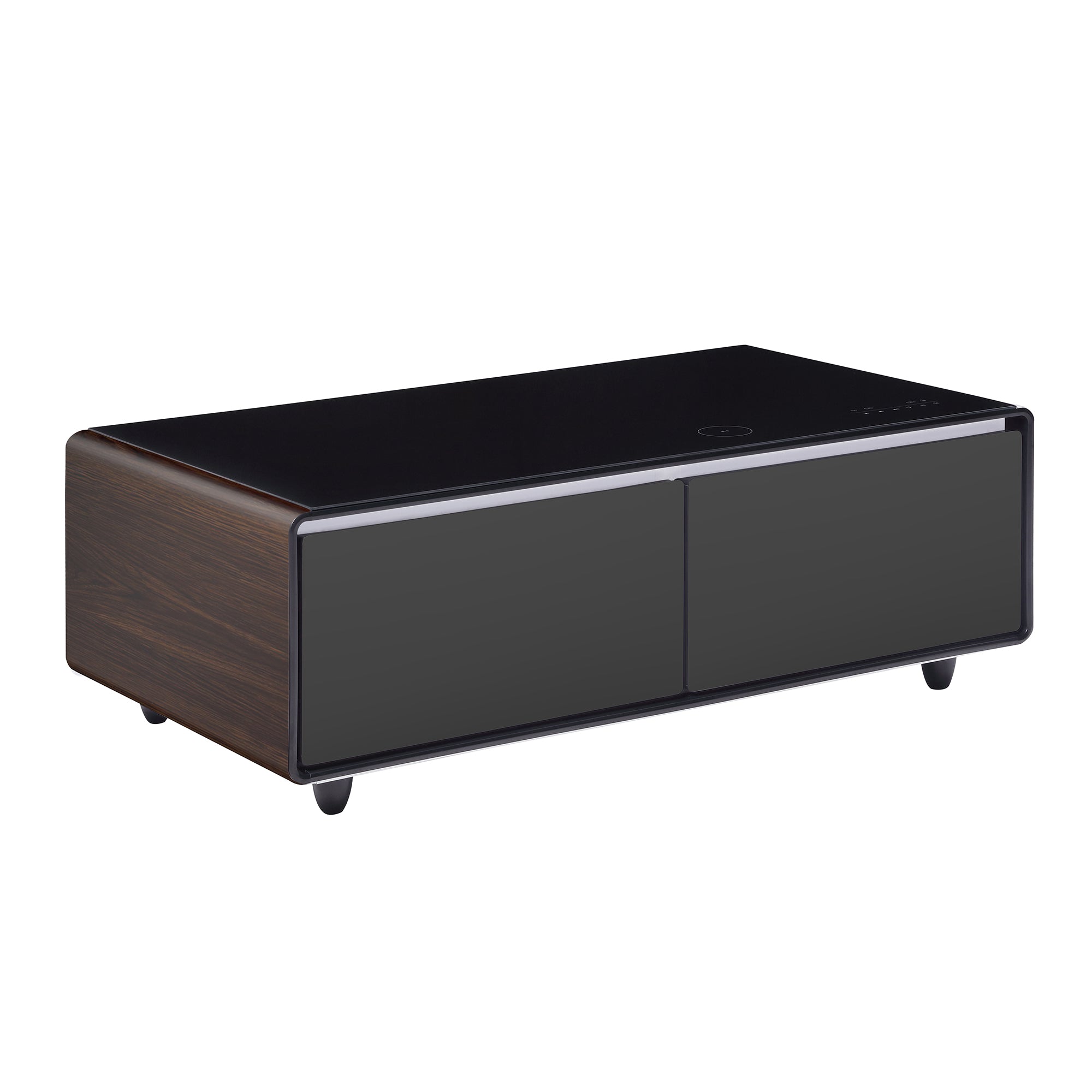 Modern Smart Coffee Table with Built-in Fridge, Bluetooth Speaker, Wireless Charging Module, Touch Control Panel, Power Socket, USB Interface, Outlet Protection, Atmosphere light, and More, Brown 