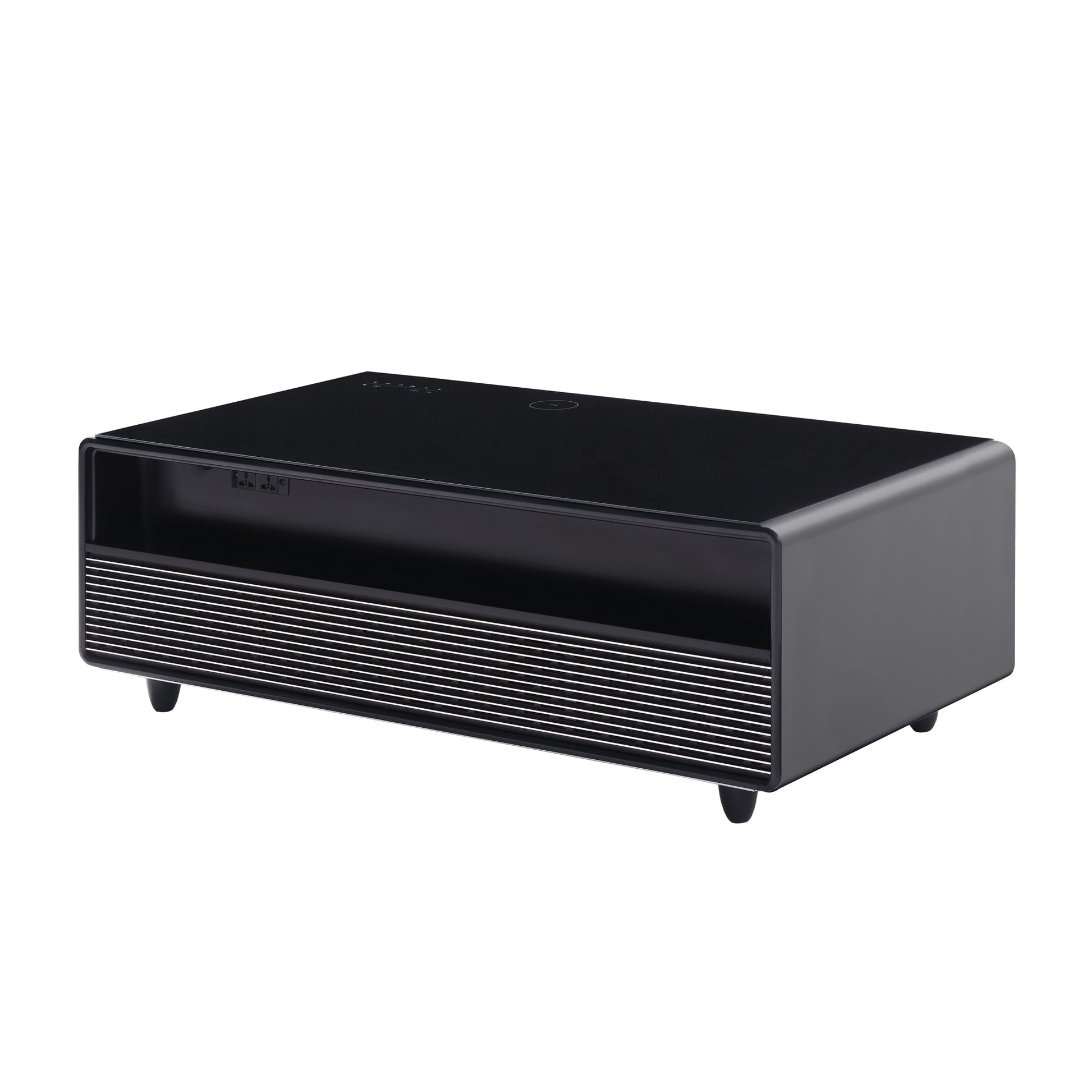 Modern Smart Coffee Table with Built-in Fridge, Bluetooth Speaker, Wireless Charging Module, Touch Control Panel, Power Socket, USB Interface, Outlet Protection, Atmosphere light, Black 