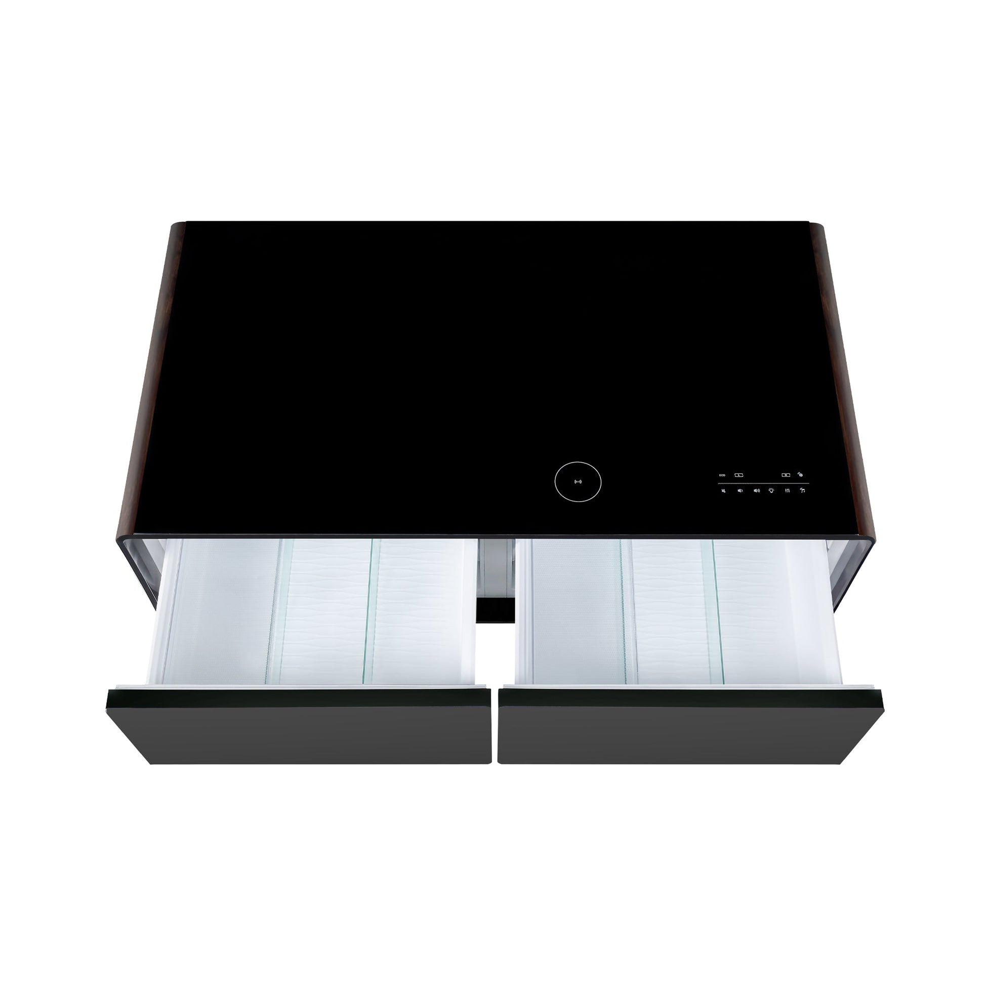 Modern Smart Coffee Table with Built-in Fridge, Bluetooth Speaker, Wireless Charging Module, Touch Control Panel, Power Socket, USB Interface, Outlet Protection, Atmosphere light, and More, Brown 