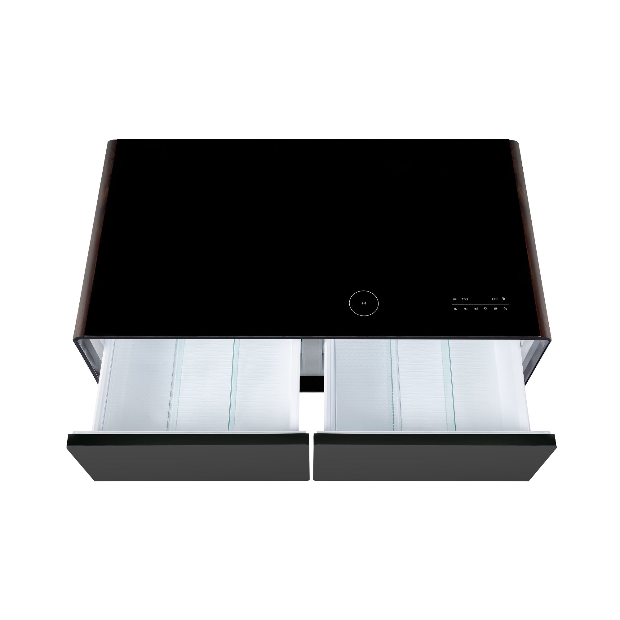 Modern Smart Coffee Table with Built-in Fridge, Bluetooth Speaker, Wireless Charging Module, Touch Control Panel, Power Socket, USB Interface, Outlet Protection, Atmosphere light, and More, Brown 