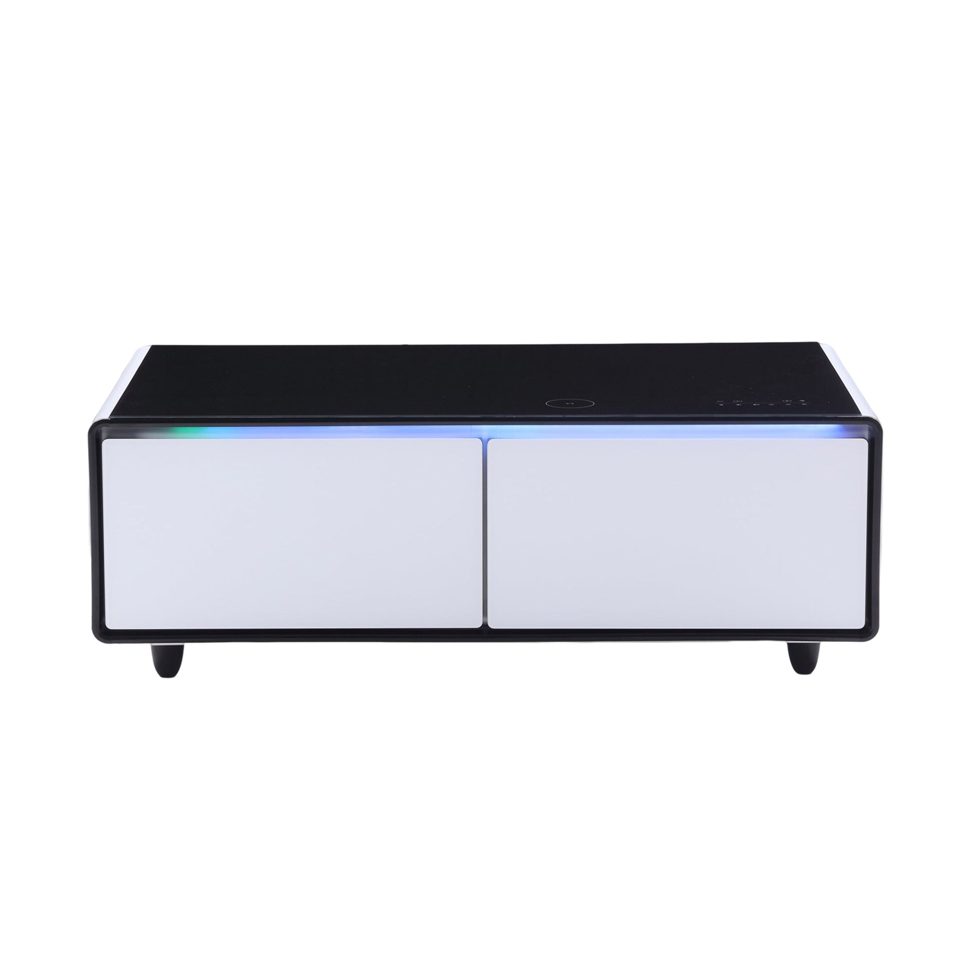 Modern Smart Coffee Table with Built-in Fridge, Bluetooth Speaker, Wireless Charging Module, Touch Control Panel, Power Socket, USB Interface, Outlet Protection, Atmosphere light, White 