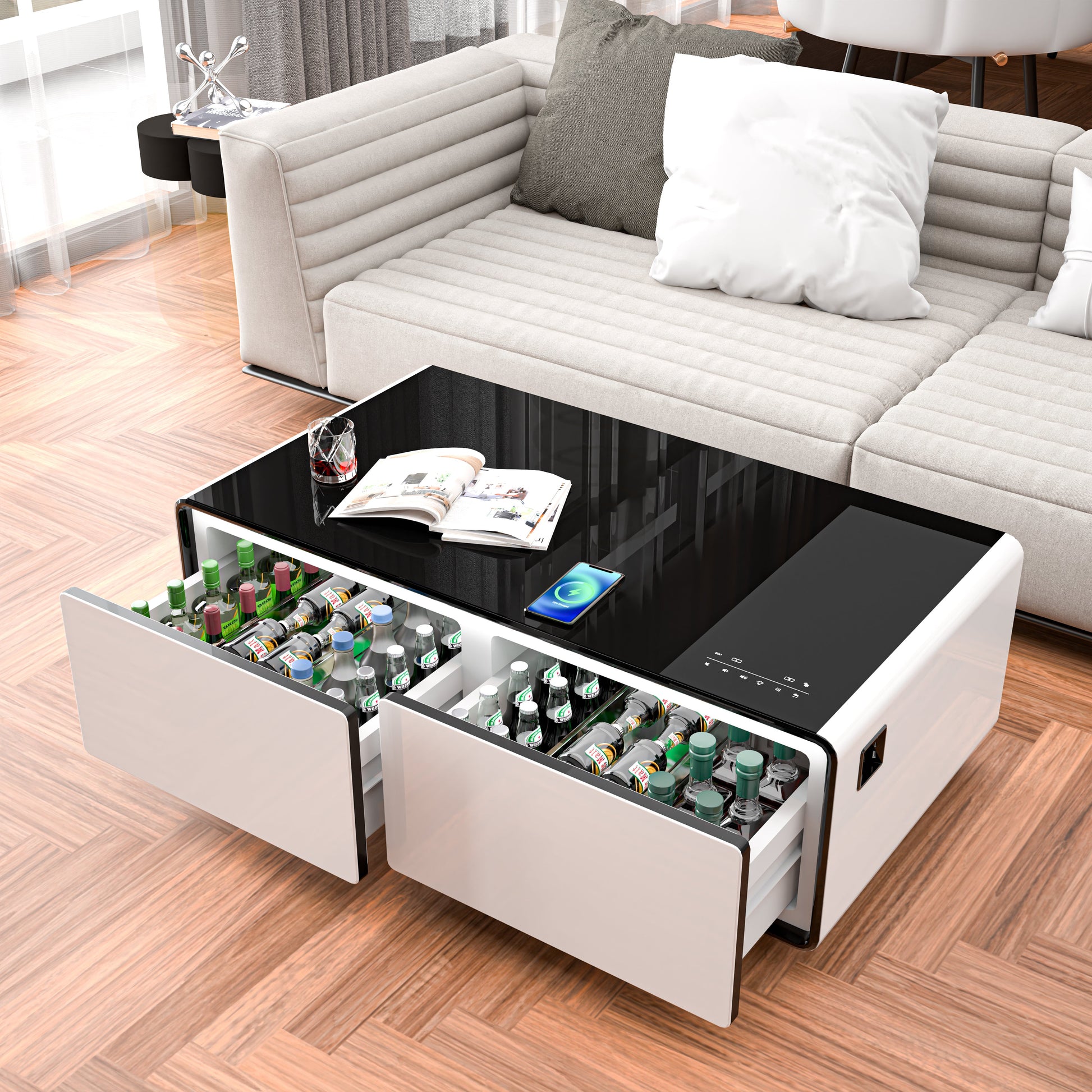 Modern Smart Coffee Table with Built-in Fridge, Bluetooth Speaker, Wireless Charging Module, Touch Control Panel, Power Socket, USB Interface, Outlet Protection, Atmosphere light, White 
