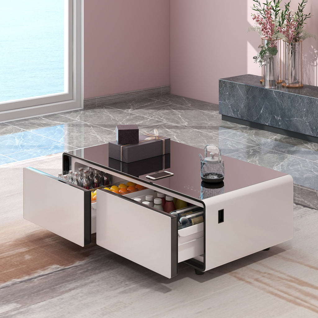 Modern Smart Coffee Table with Built-in Fridge, Bluetooth Speaker, Wireless Charging Module, Touch Control Panel, Power Socket, USB Interface, Outlet Protection, Atmosphere light, White 
