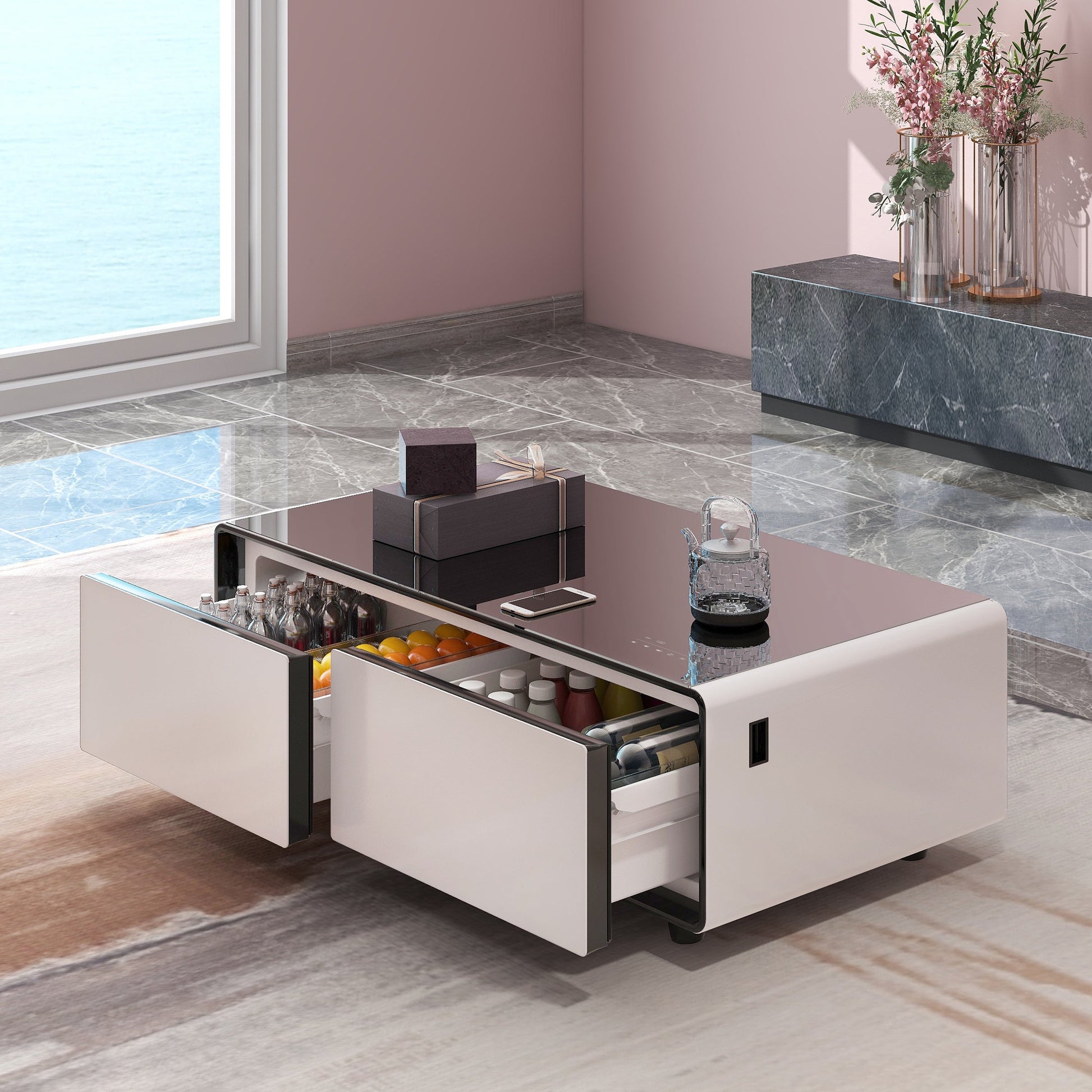 Modern Smart Coffee Table with Built-in Fridge, Bluetooth Speaker, Wireless Charging Module, Touch Control Panel, Power Socket, USB Interface, Outlet Protection, Atmosphere light, White 