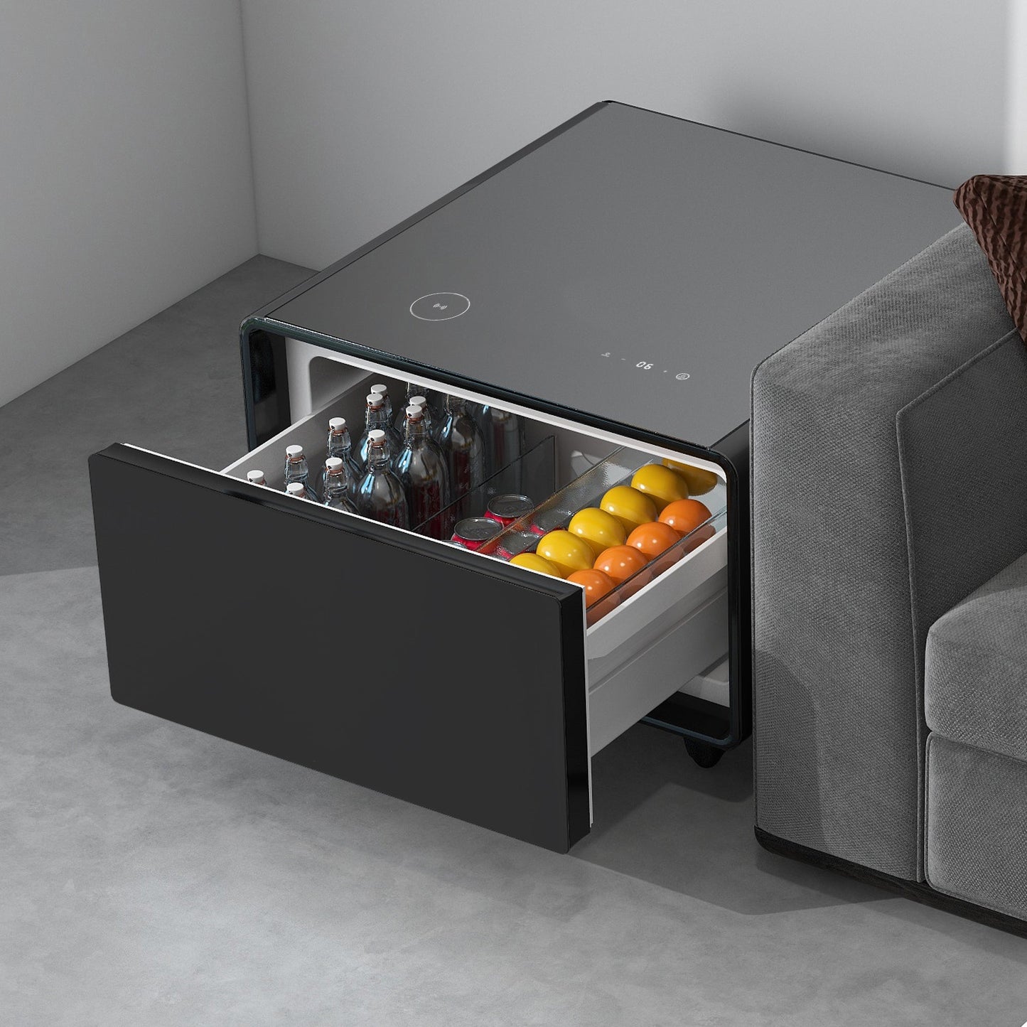 Modern Smart Side Table with Built-in Fridge, Wireless Charging, Temperature Control, Power Socket, USB Ports, Outlet Protection, Induction Light, Black 