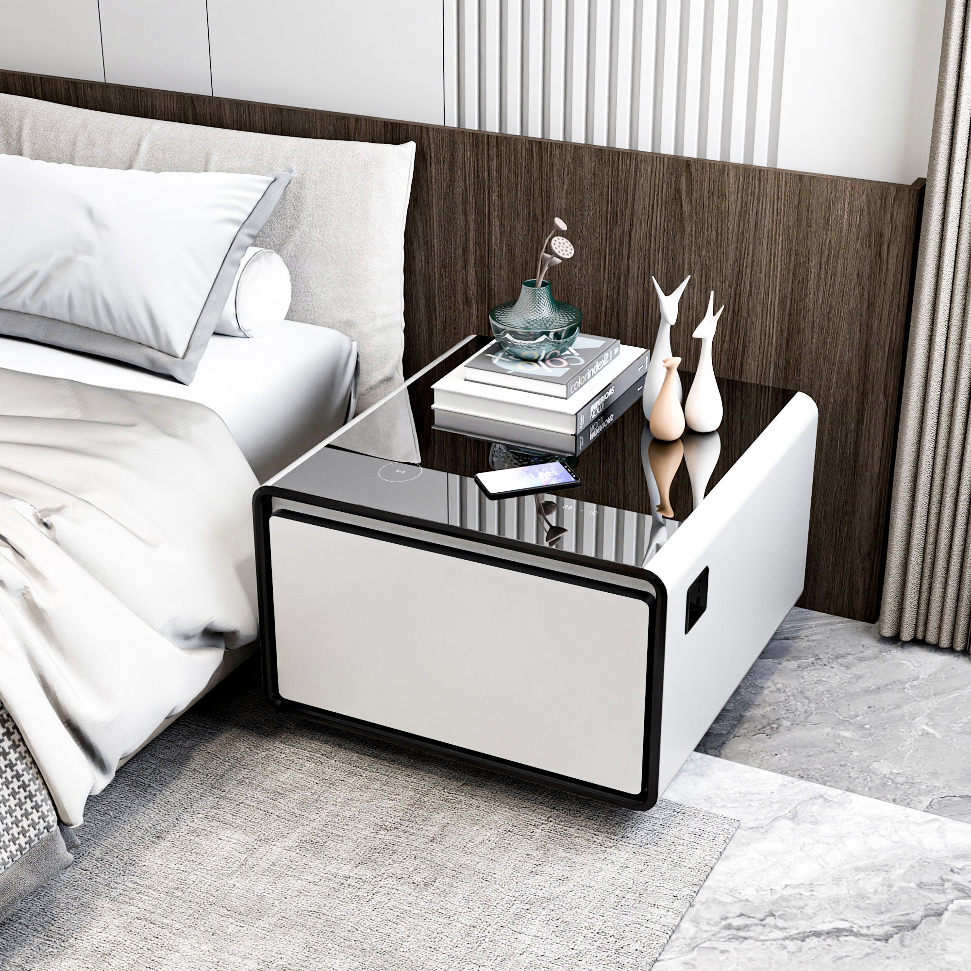 Modern Smart Side Table with Built-in Fridge, Wireless Charging, Temperature Control, Power Socket, USB Ports, Outlet Protection, Induction Light, White 
