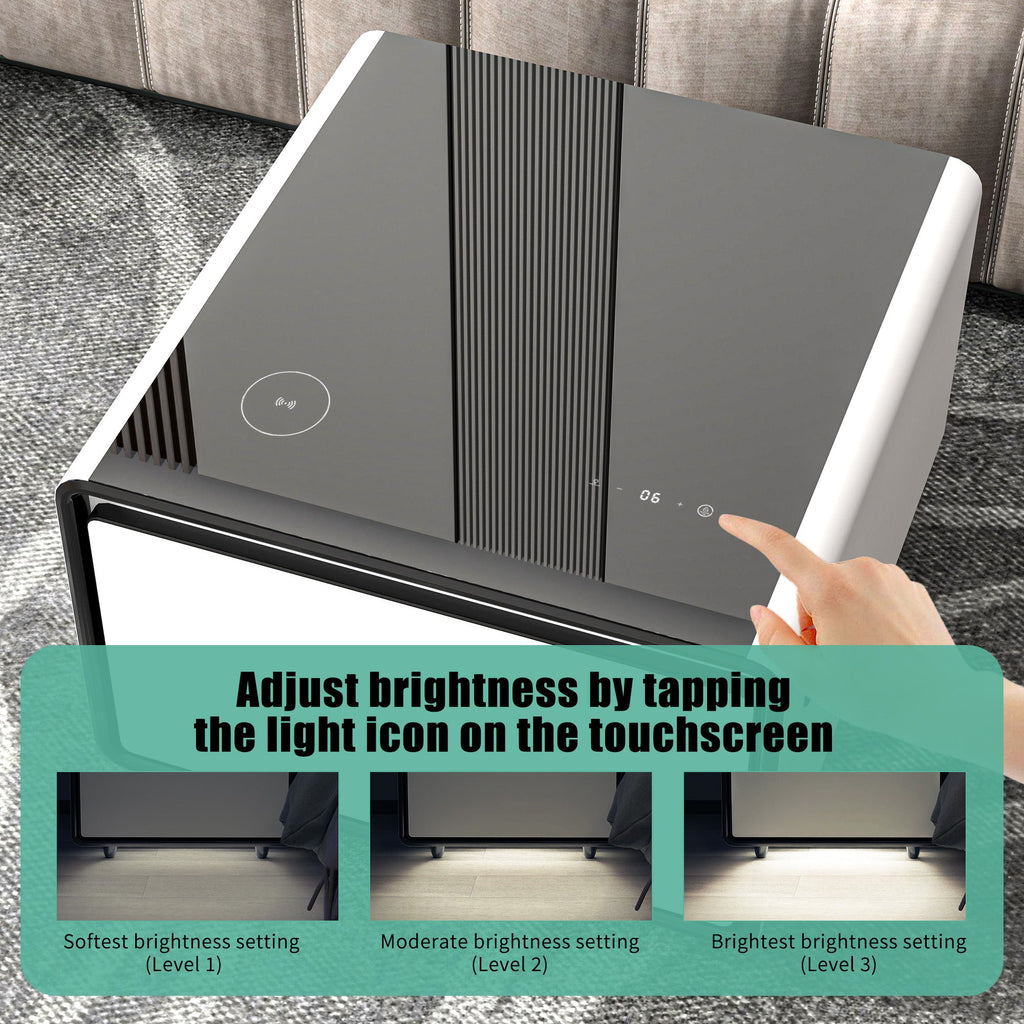 Modern Smart Side Table with Built-in Fridge, Wireless Charging, Temperature Control, Power Socket, USB Ports, Outlet Protection, Induction Light, White 
